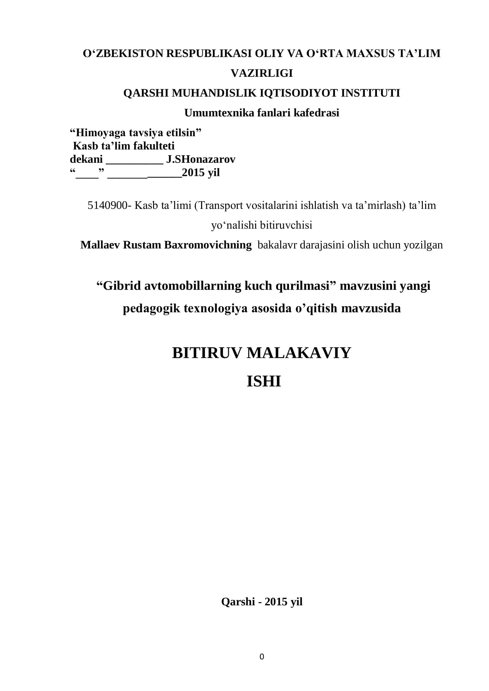 Gibrid avtomobillarning kuch qurilmasi