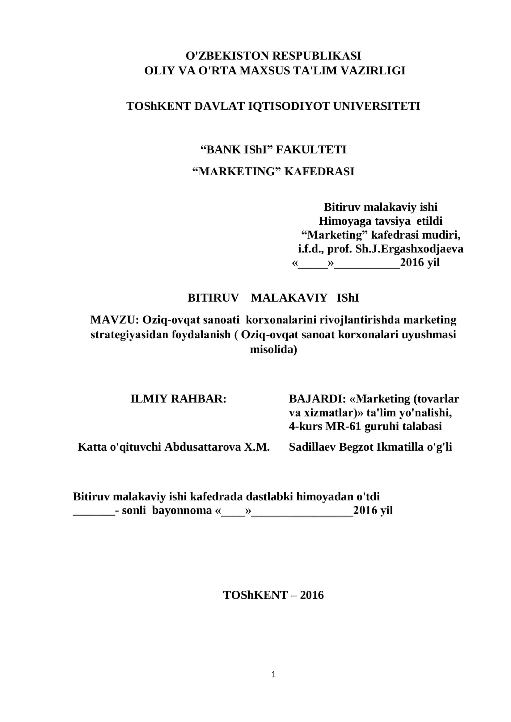 Oziq-ovqat sanoati korxonalarini rivojlantirishda markеting stratеgiyasidan foydalanish