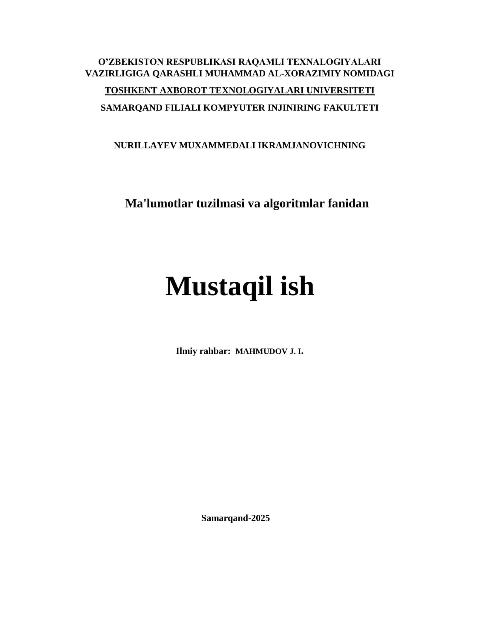 Ma'lumotlar tuzilmasi va algoritmlar fanidan Mustaqil ish
