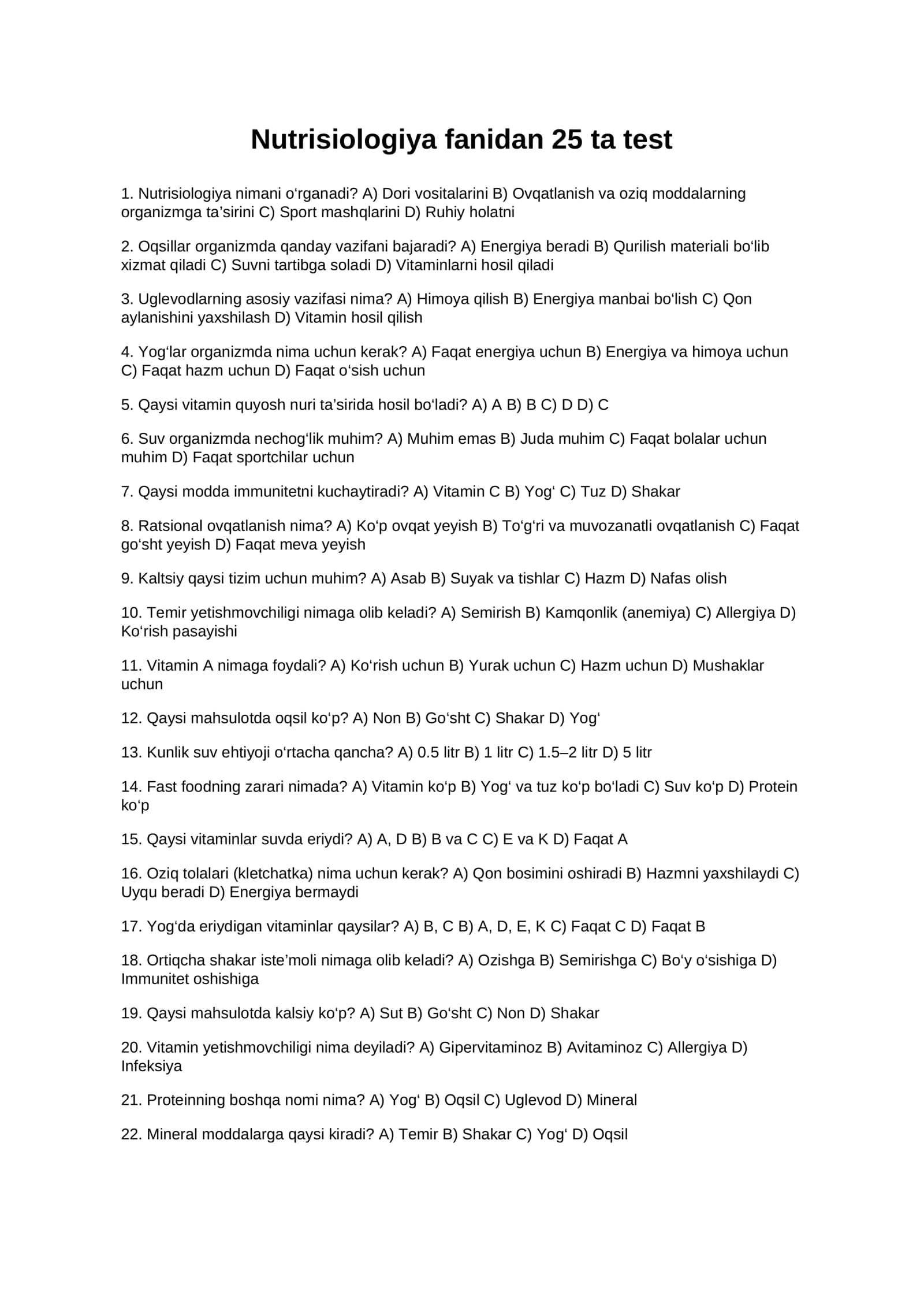 Nutrisiologiya fanidan 25 ta test