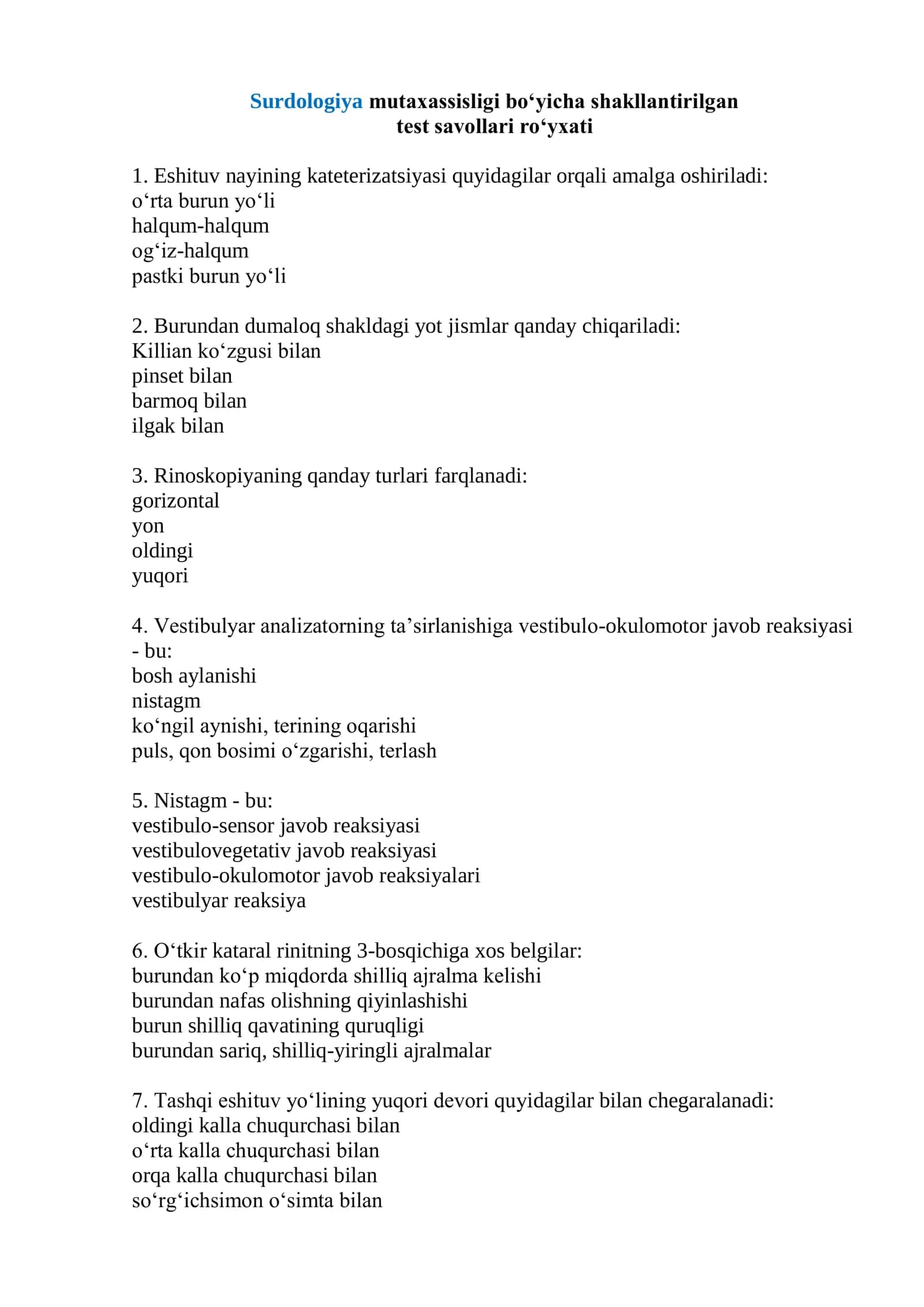 Surdologiya mutaxassisligi boʻyicha shakllantirilgan test savollari roʻyxati 2026