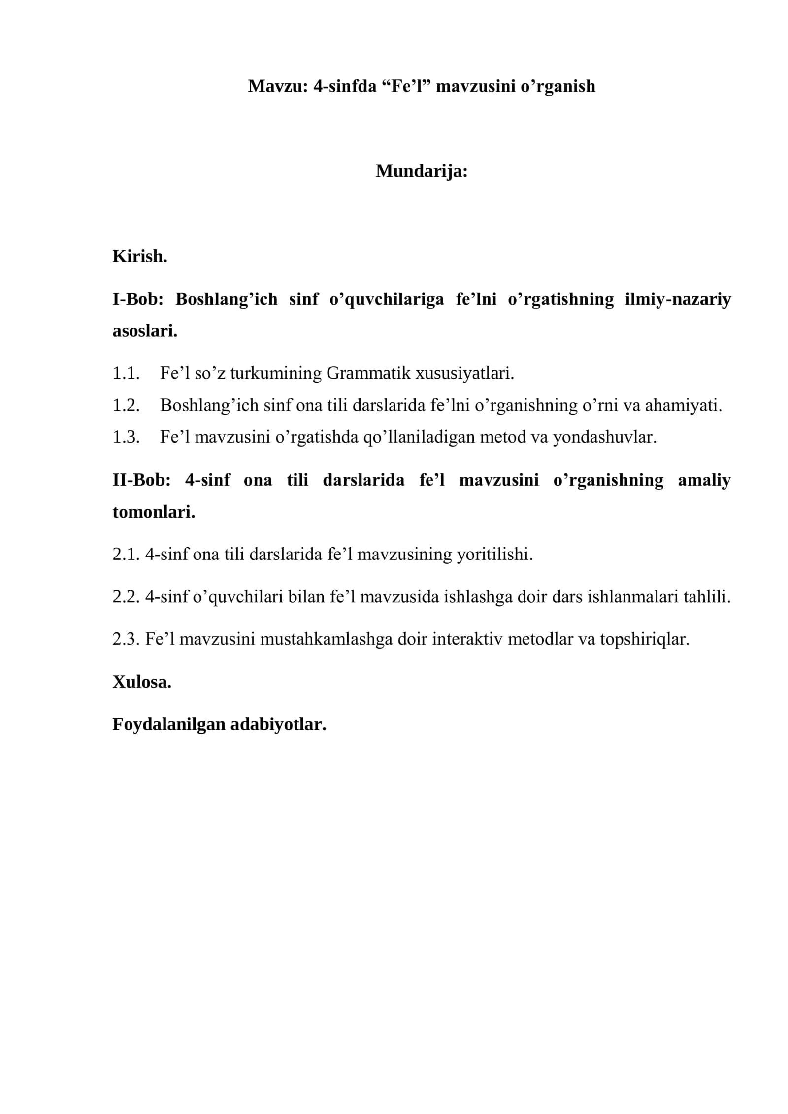 4-sinfda “Fe’l” mavzusini o’rganish