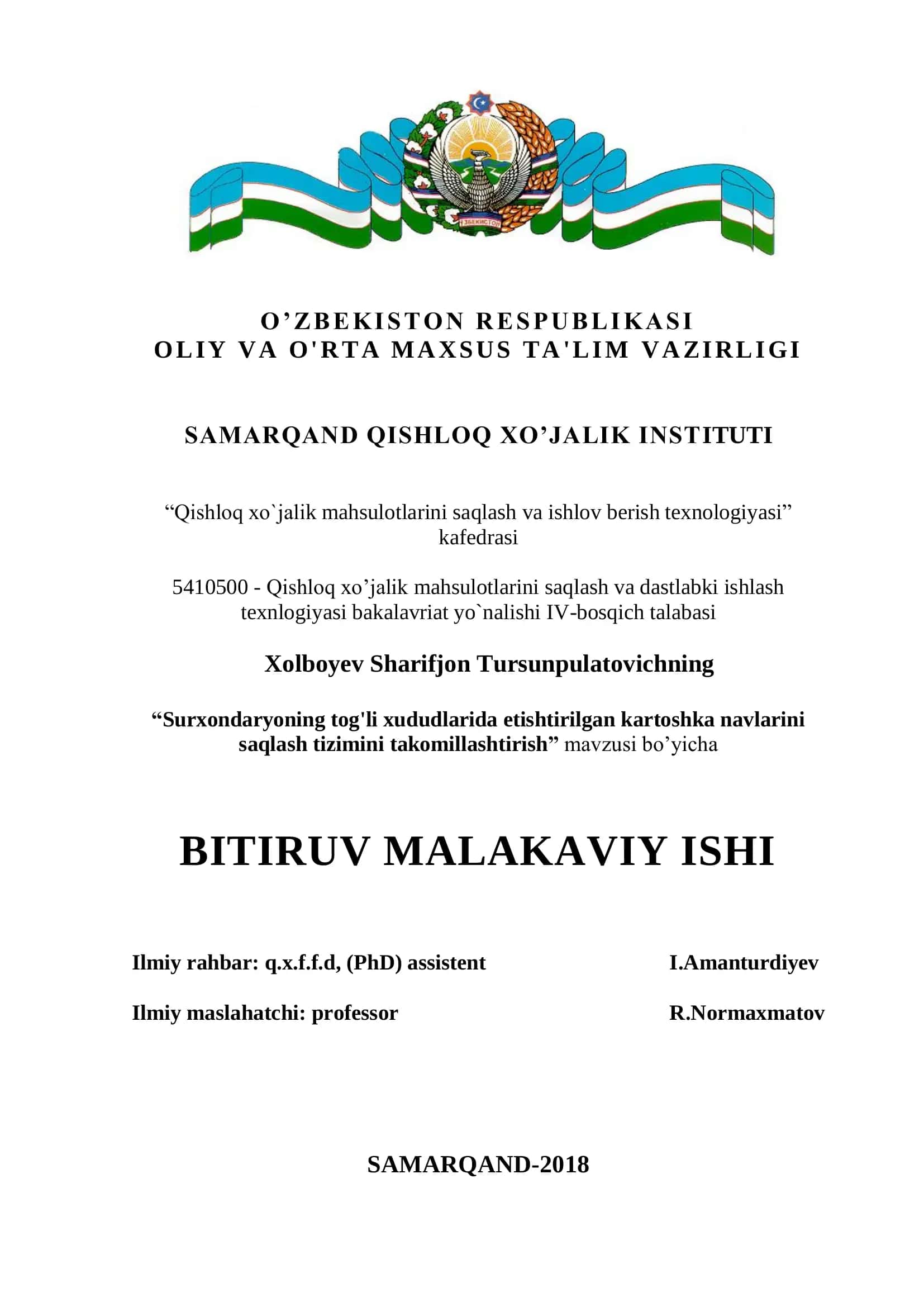"Surxondaryoning tog'li xududlarida etishtirilgan kartoshka navlarini saqlash tizimini takomillashtirish"