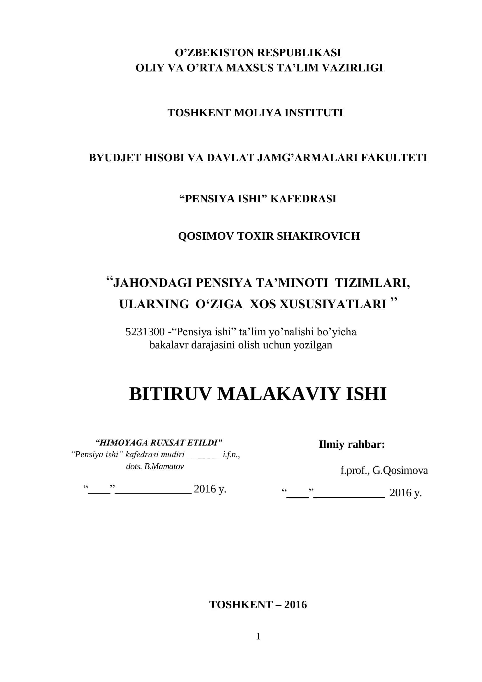 JAHONDAGI PENSIYA TA’MINOTI TIZIMLARI