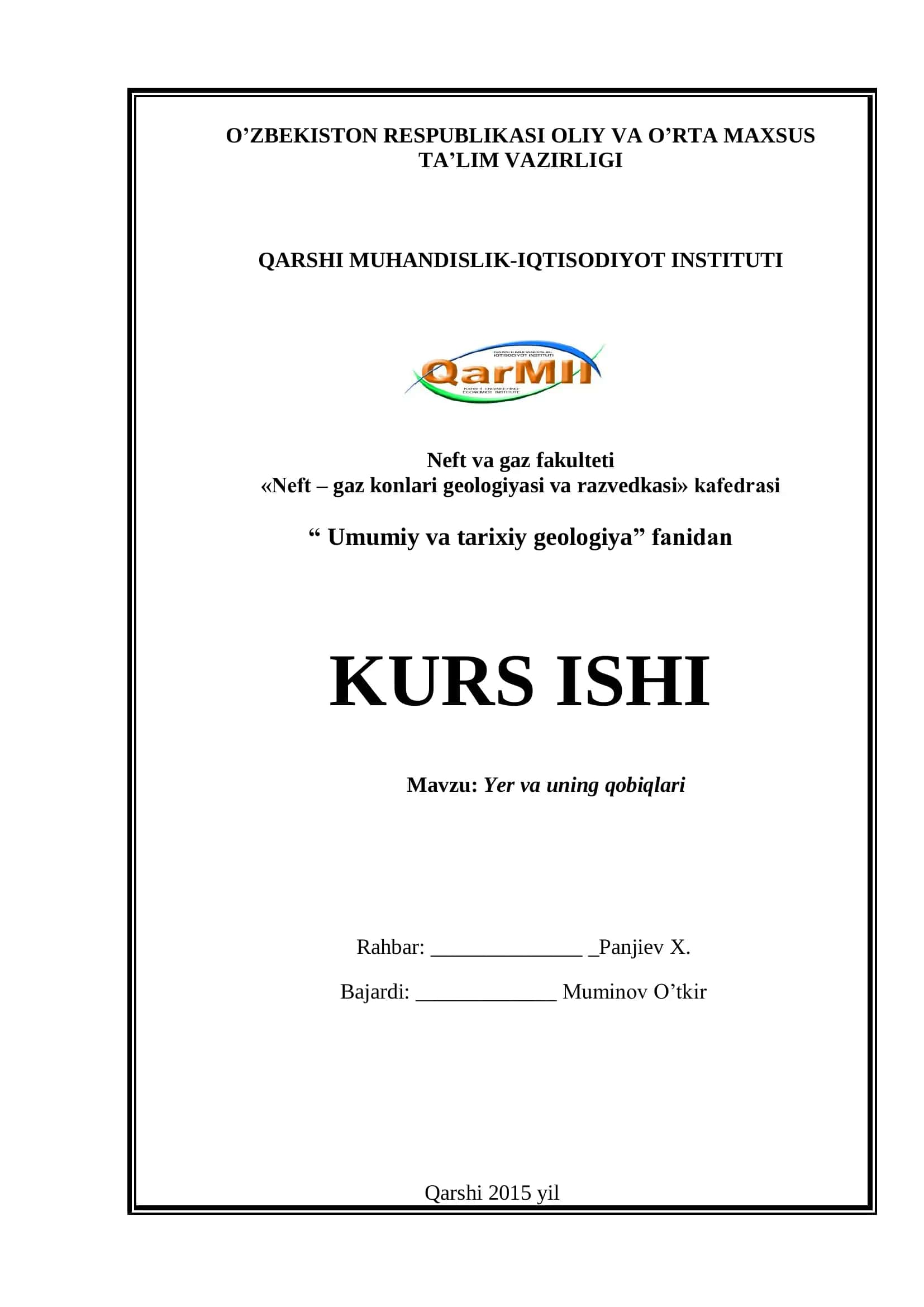 KURS ISHI Umumiy va tarixiy geologiya