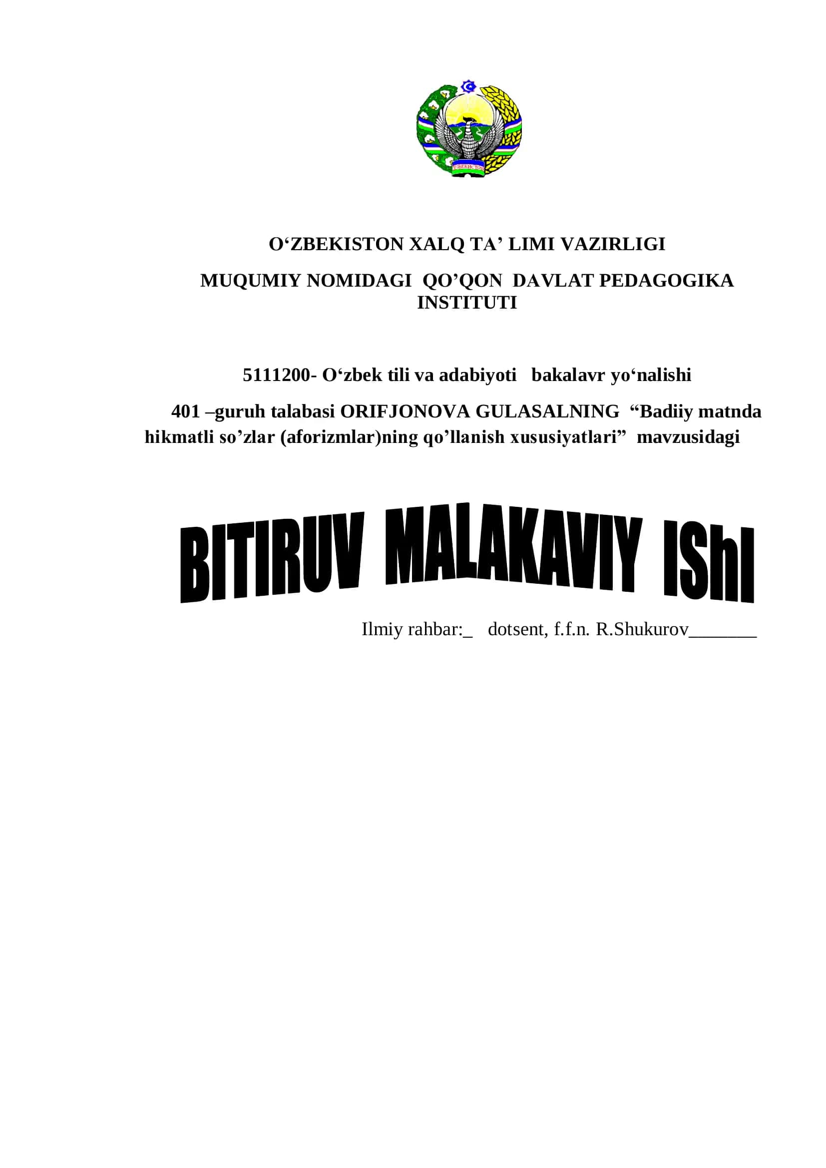 Badiiy matnda hikmatli so’zlar (aforizmlar)ning qo’llanish xususiyatlari