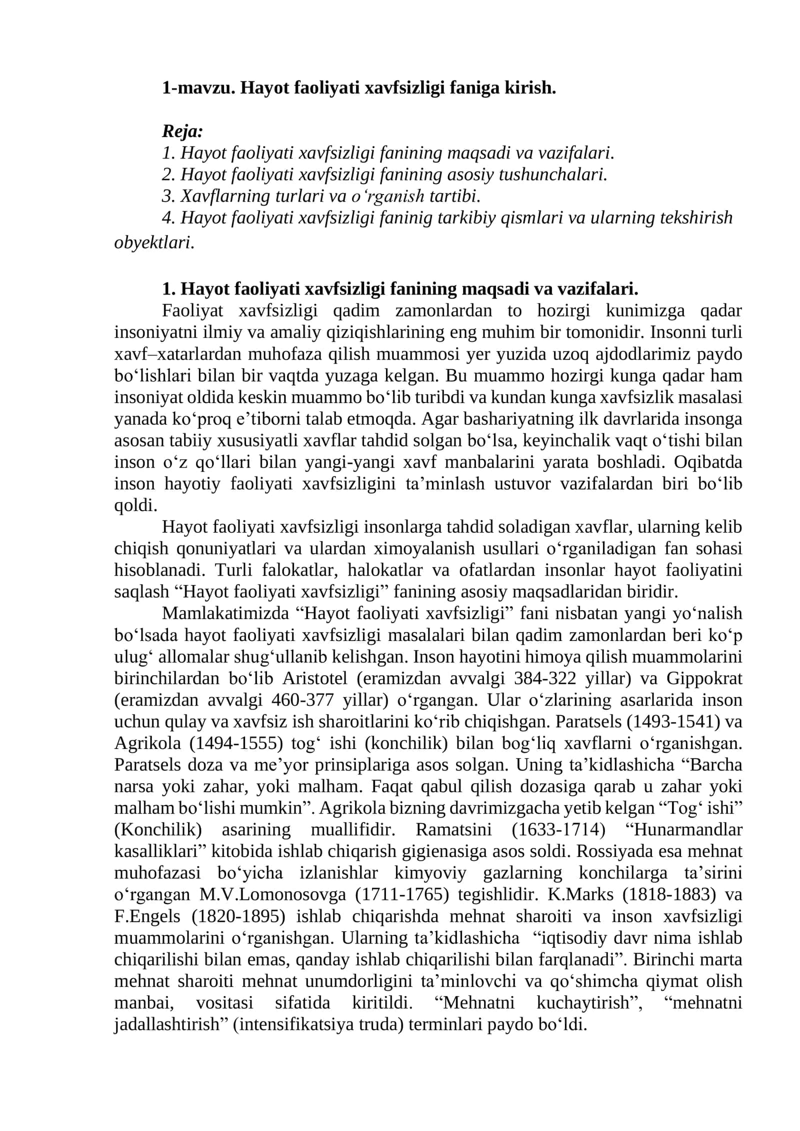 Hayot faoliyati xavfsizligi faniga kirish