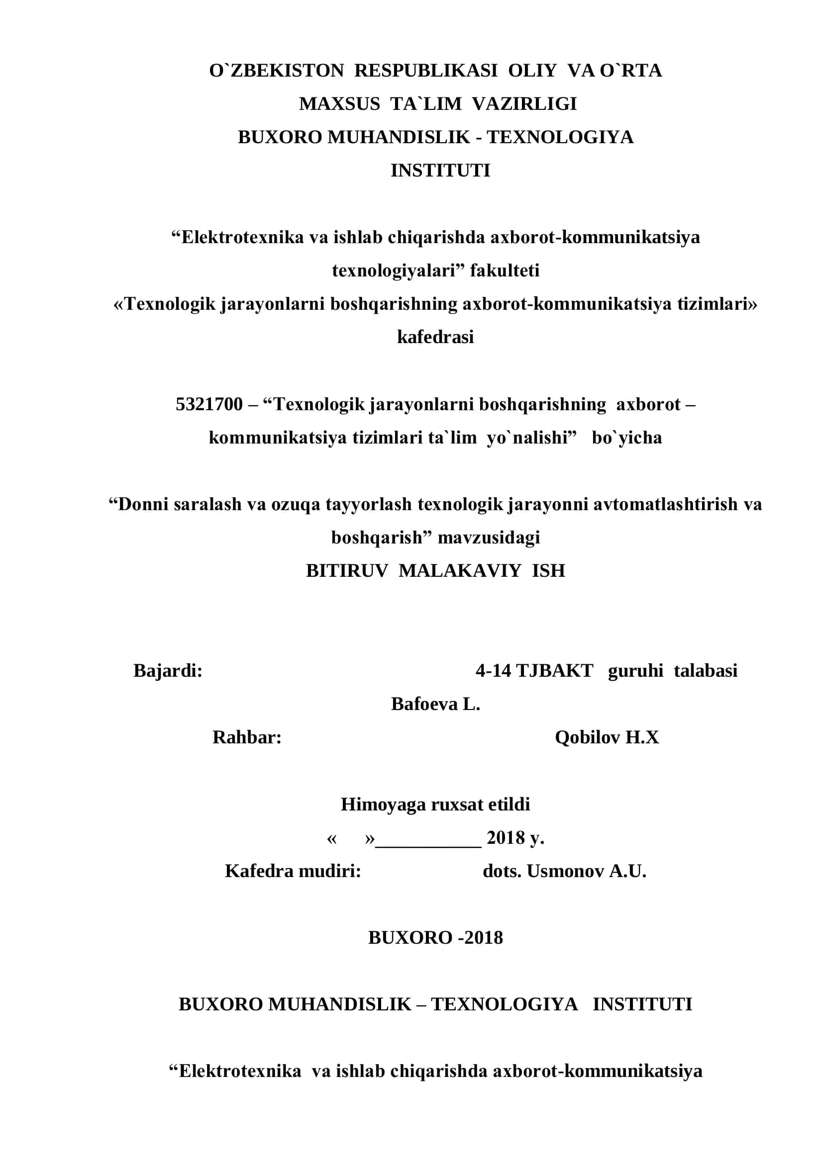 Donni saralash va ozuqa tayyorlash texnologik jarayonni avtomatlashtirish va boshqarish