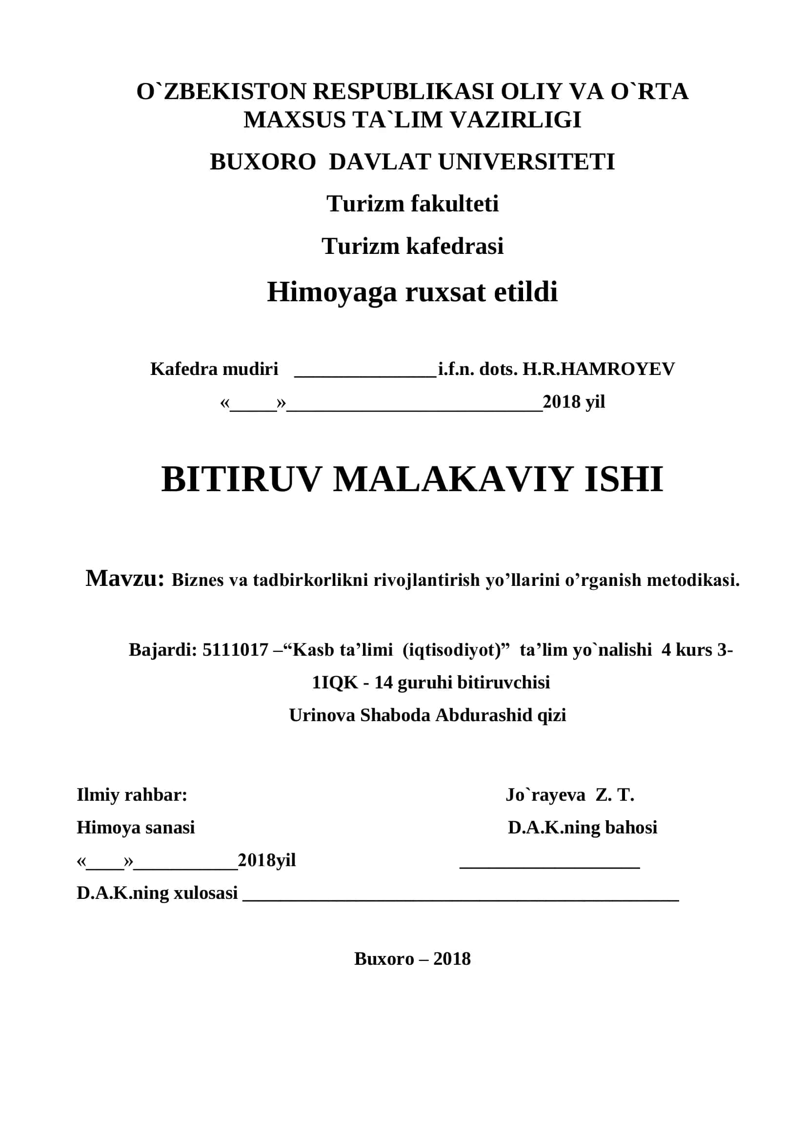Biznes va tadbirkorlikni rivojlantirish yo’llarini o’rganish metodikasi