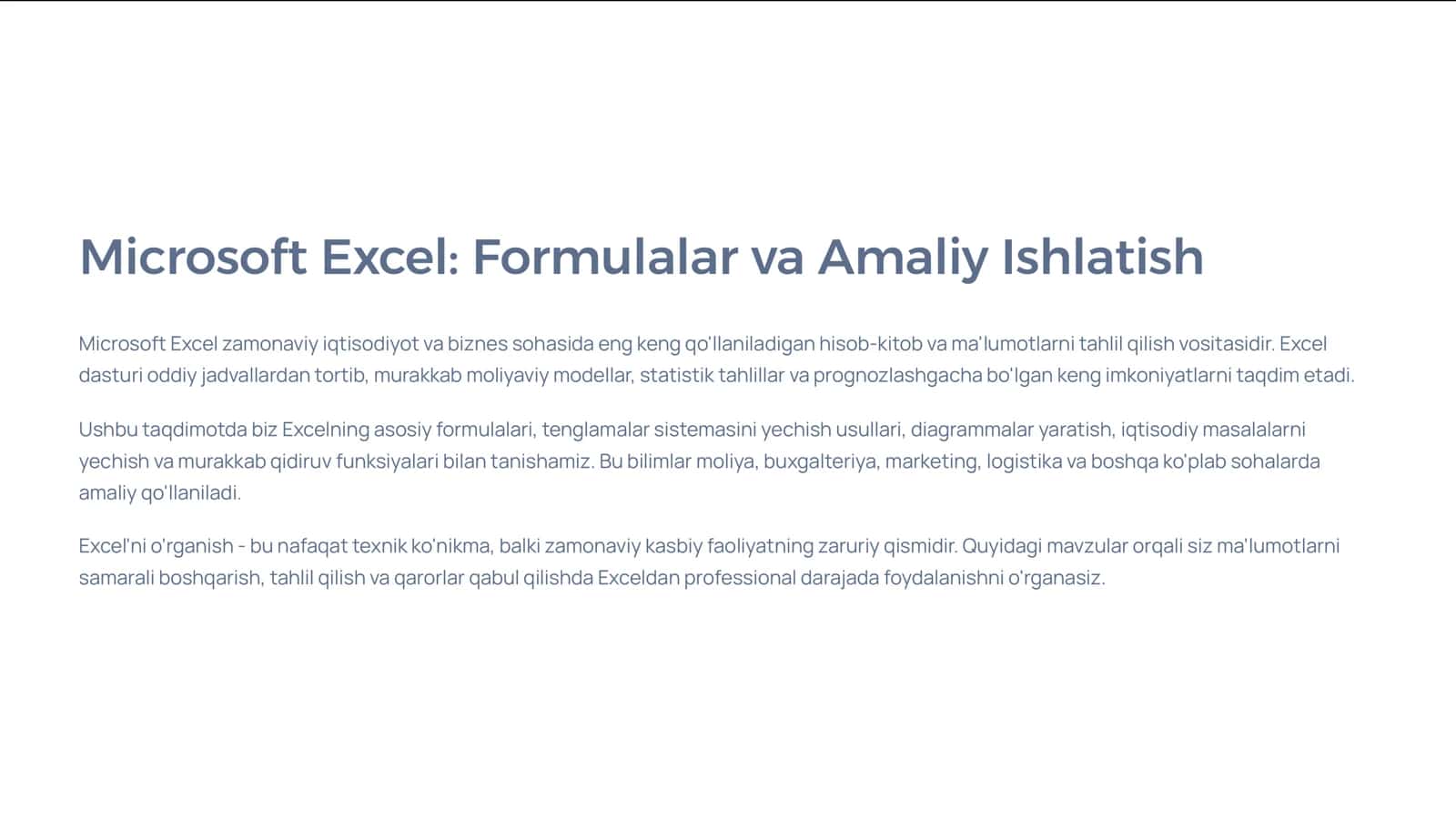 Microsoft Excel: Formulalar va Amaliy Ishlatish