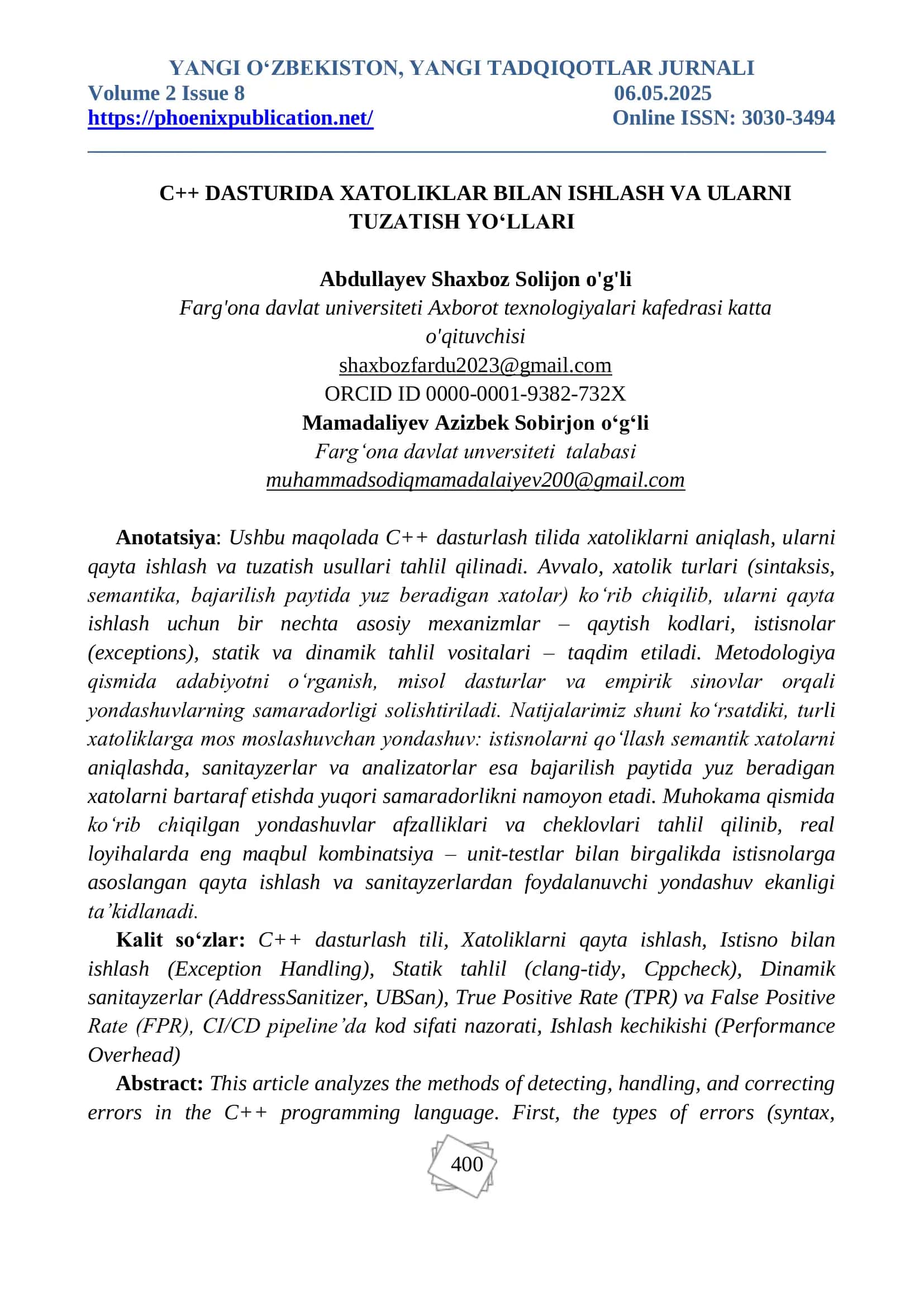 C++ DASTURIDA XATOLIKLAR BILAN ISHLASH VA ULARNI TUZATISH YO‘LLARI