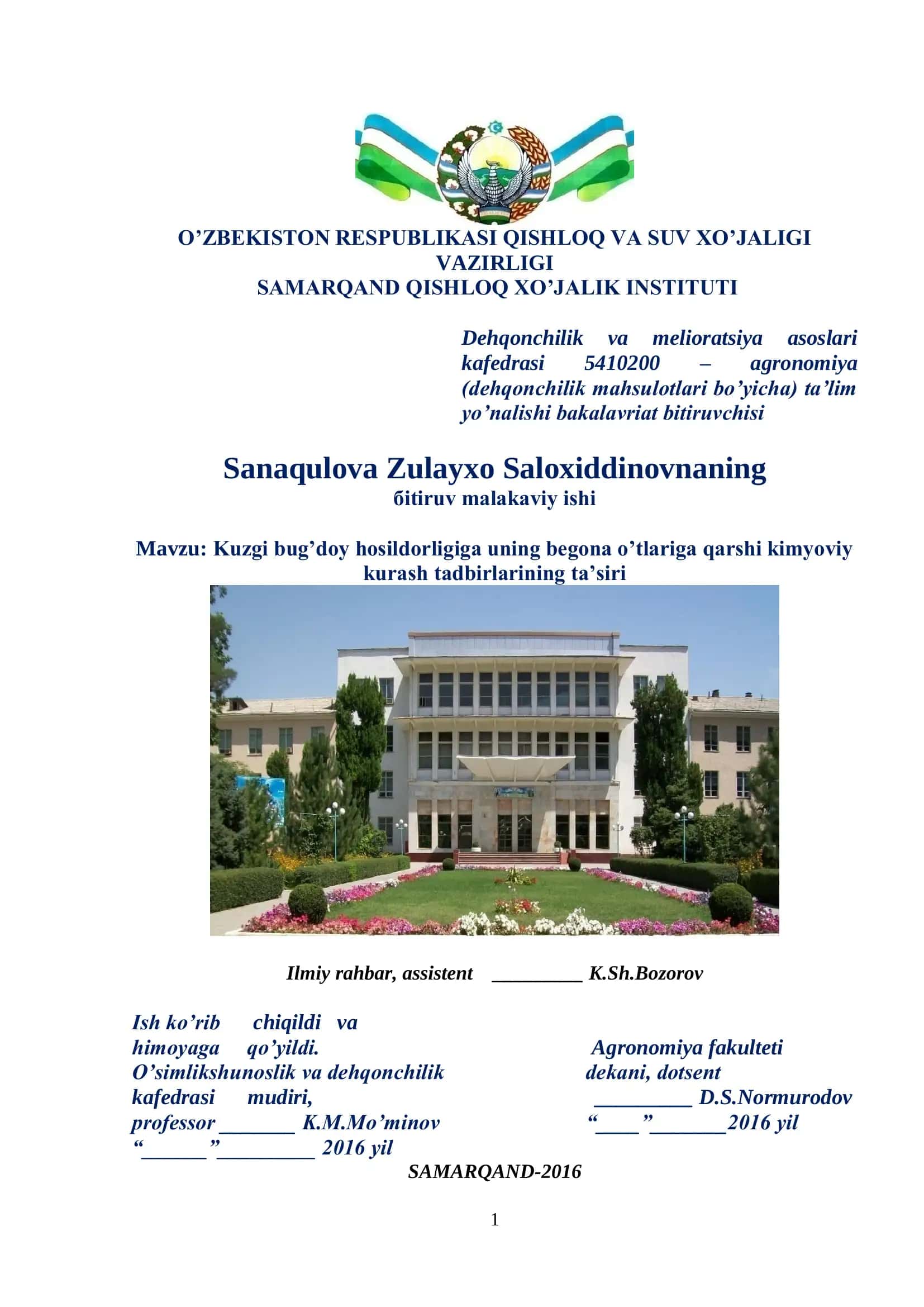 Kuzgi bug’doy hosildorligiga uning begona o’tlariga qarshi kimyoviy kurash tadbirlarining ta’siri