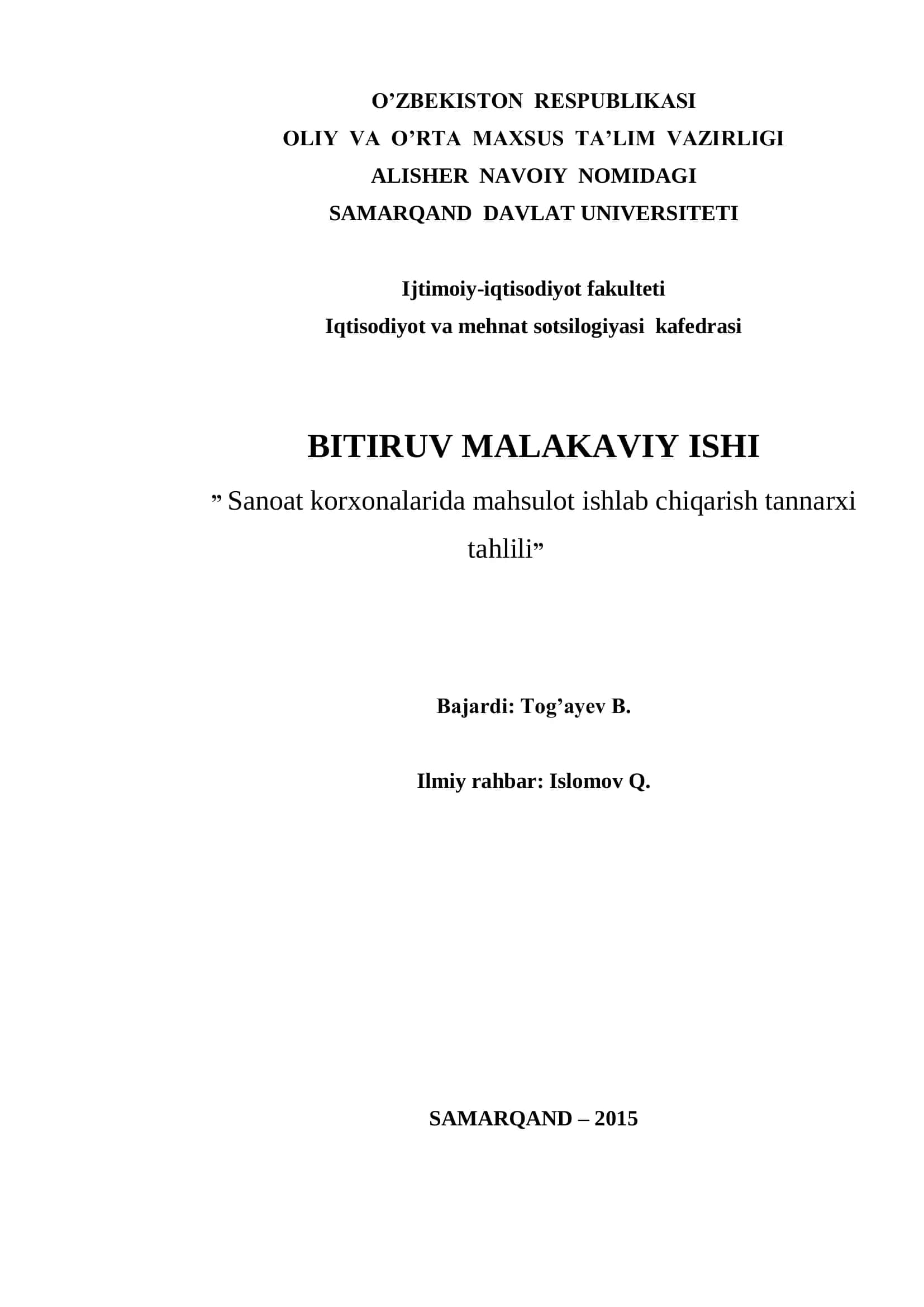 Mahsulot ishlab chiqarish tannarxi tahlili