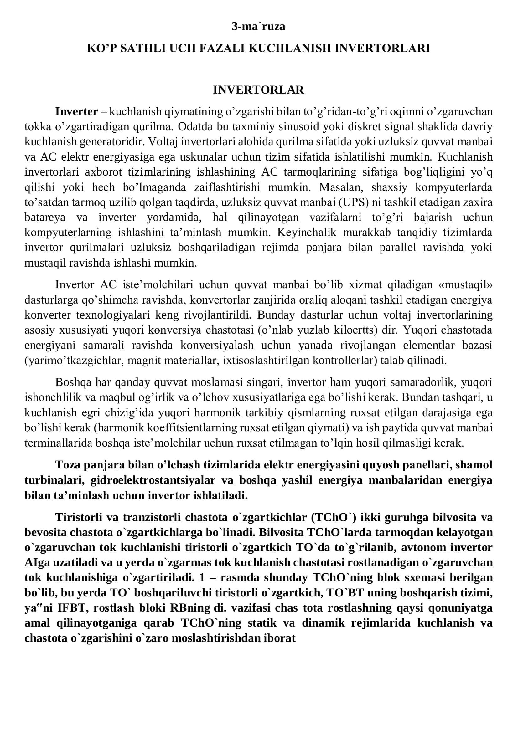 KOʼP SATHLI UCH FAZALI KUCHLANISH INVERTORLARI