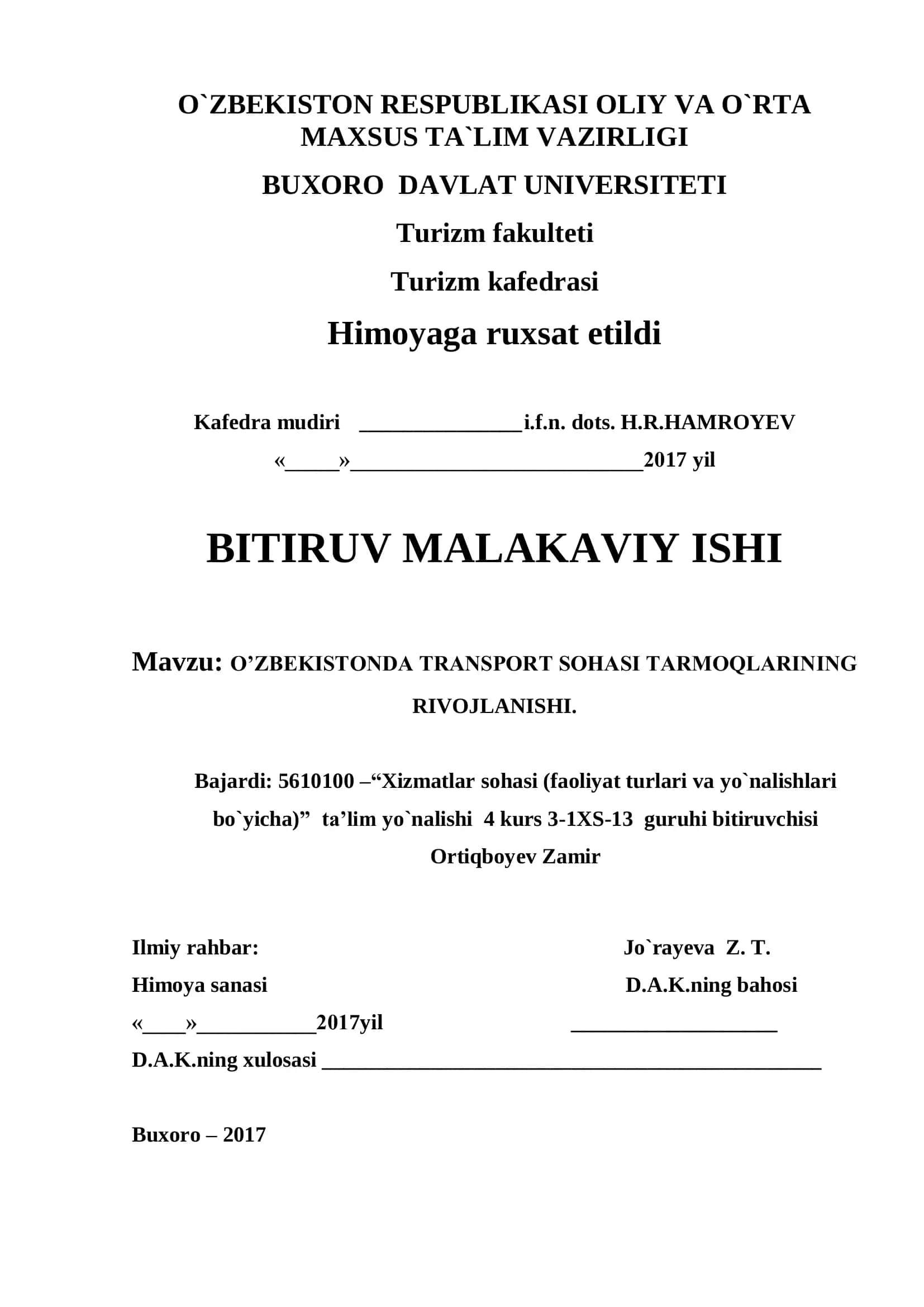 O’ZBEKISTONDA TRANSPORT SOHASI TARMOQLARINING RIVOJLANISHI