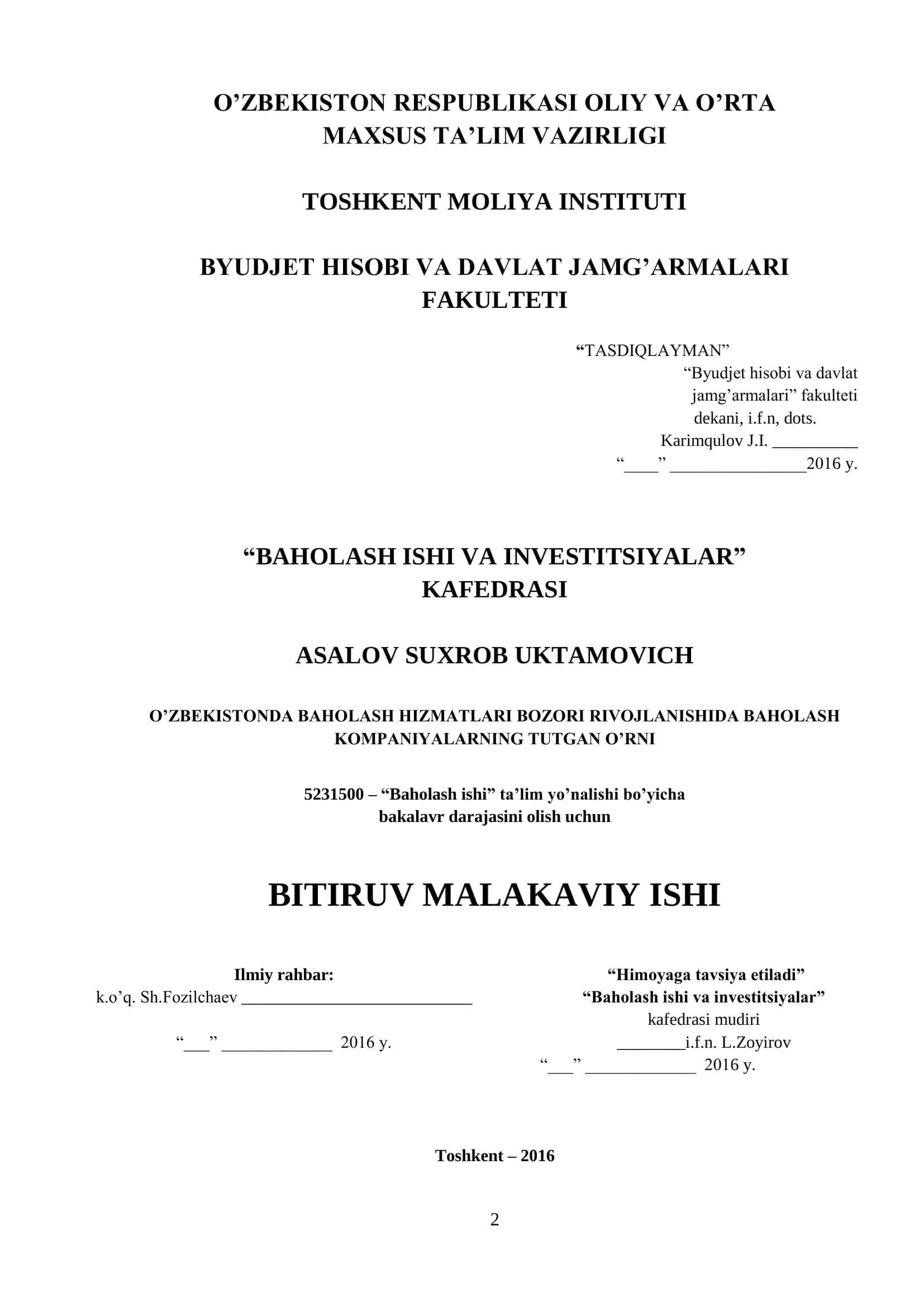 Baholash ishi va investitsiyalar