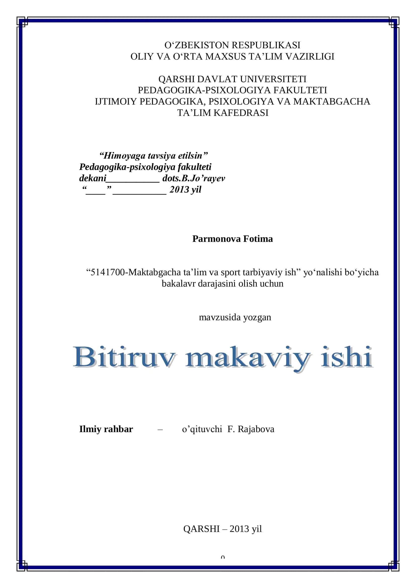 5141700 – “Maktabgacha ta'lim va bolalar sporti” yo‟nalishi