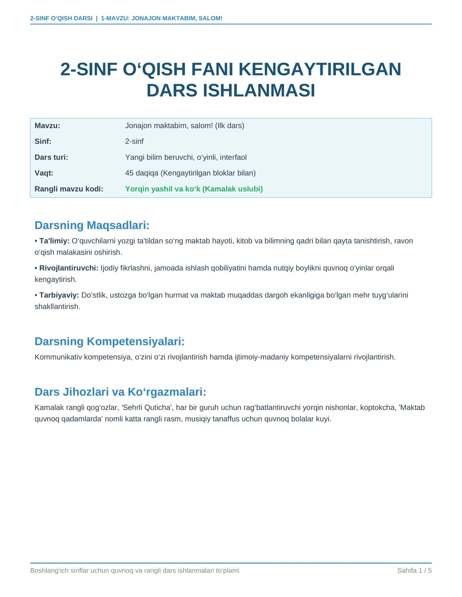 2-SINF O‘QISH FANI KENGAYTIRILGAN DARS ISHLANMASI