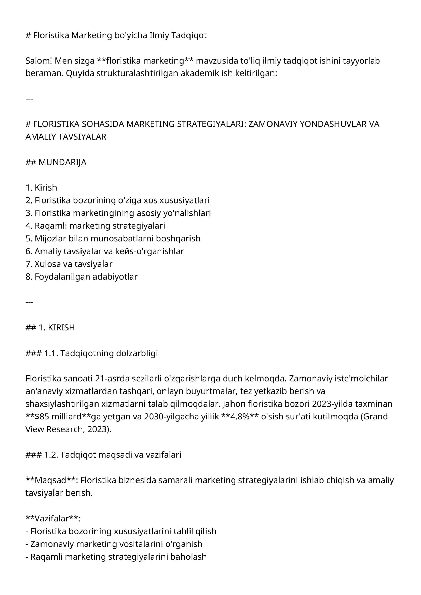 Floristika Marketing bo'yicha Ilmiy Tadqiqot
