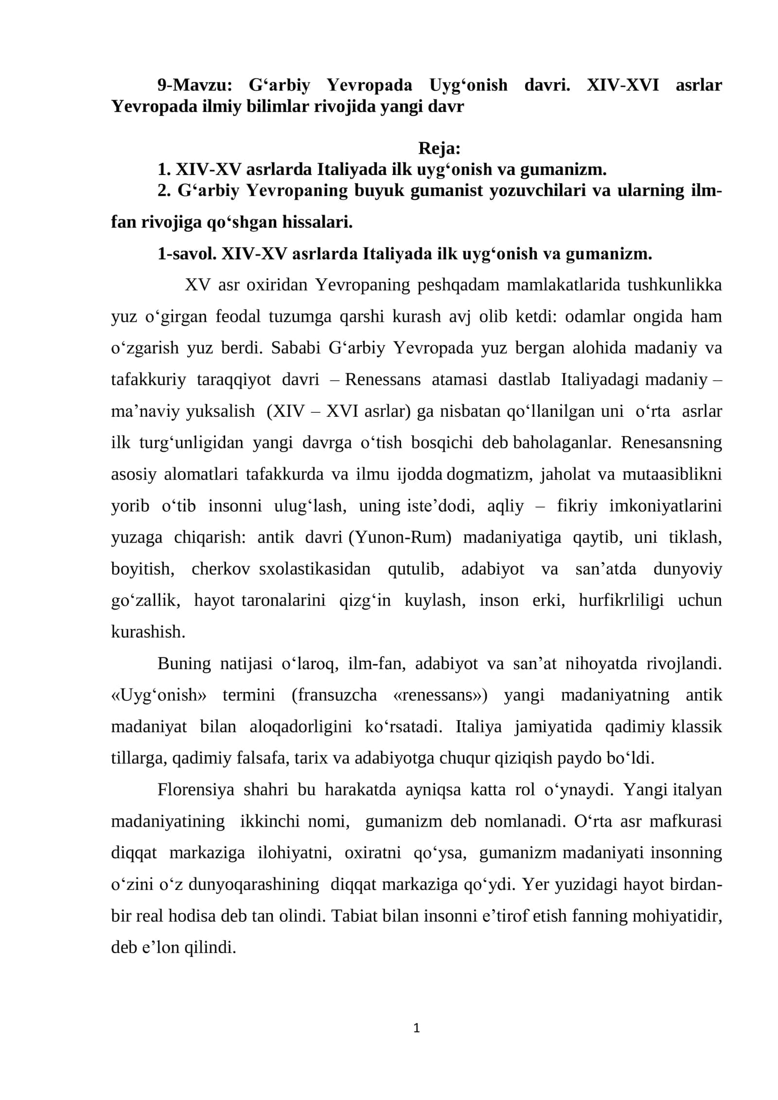 G‘arbiy Yevropada Uyg‘onish davri. XIV-XVI asrlar Yevropada ilmiy bilimlar rivojida yangi davr