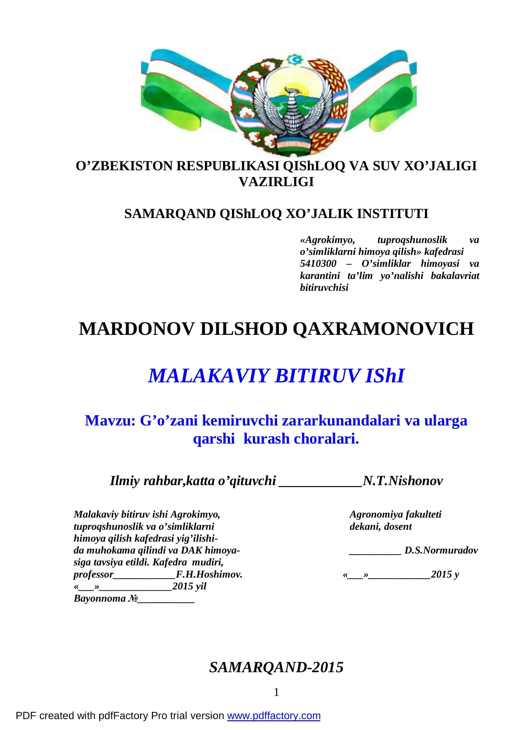 G’o’zani kemiruvchi zararkunandalari va ularga qarshi kurash choralari