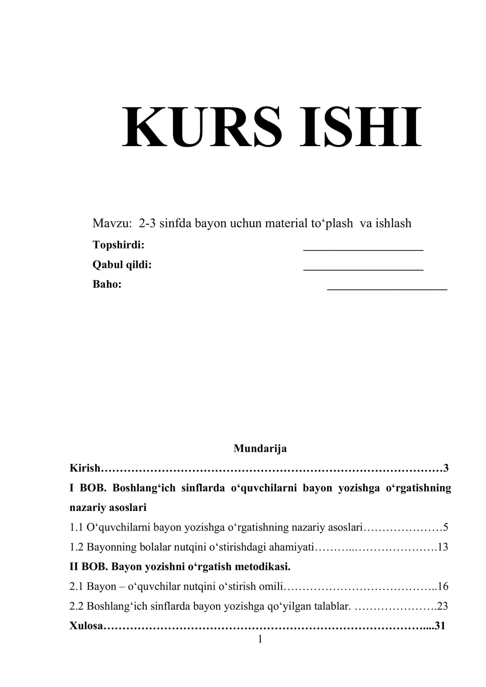 KURS ISHI - 2-3 sinfda bayon uchun material to‘plash va ishlash