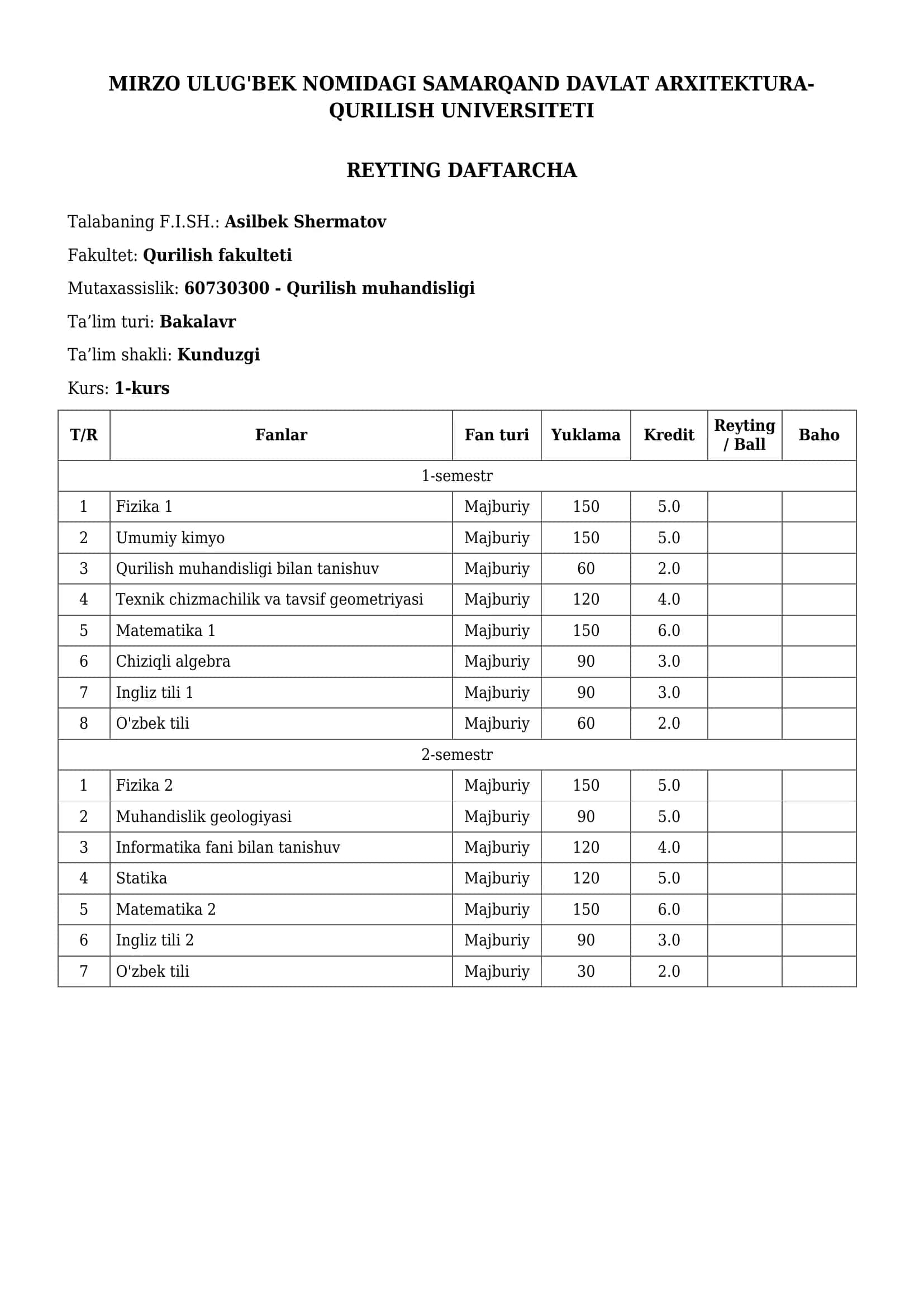 MIRZO ULUG'BEK NOMIDAGI SAMARQAND DAVLAT ARXITEKTURA-QURILISH UNIVERSITETI