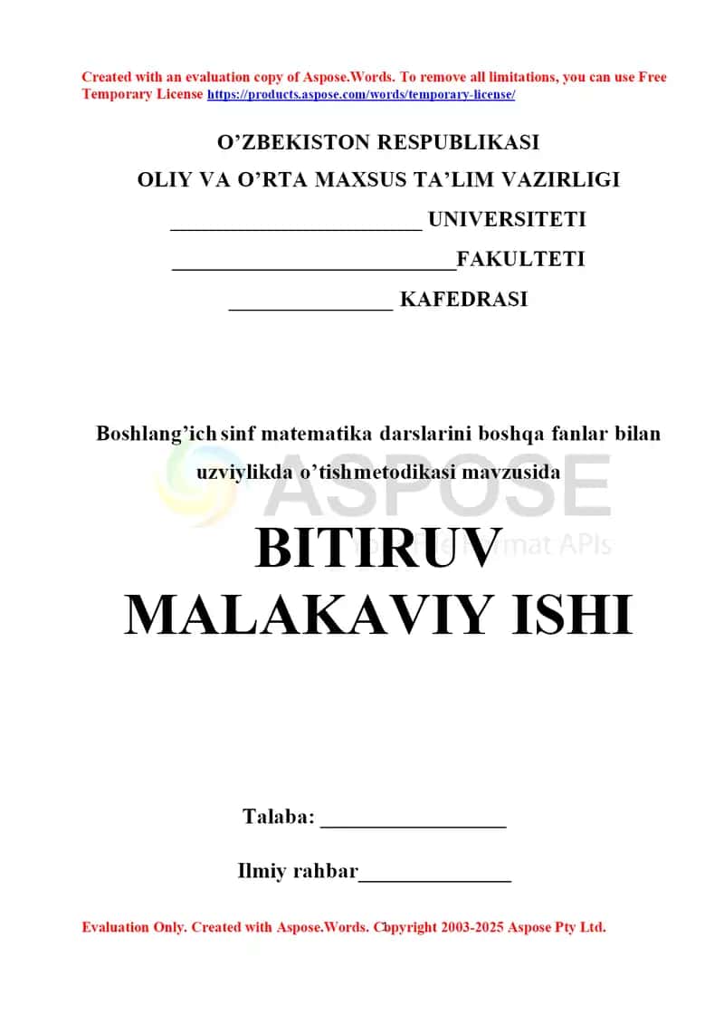 Boshlang’ich sinf matematika darslarini boshqa fanlar bilan uzviylikda o’tish metodikasi