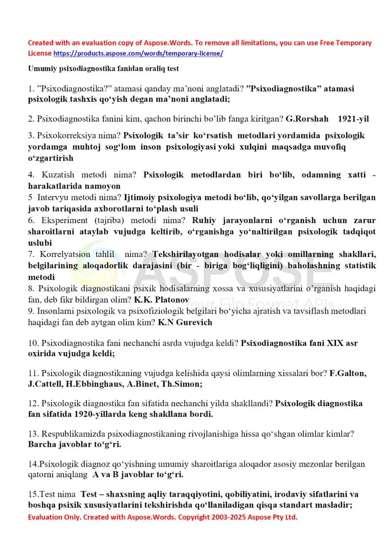 Umumiy psixodiagnostika fanidan oraliq test