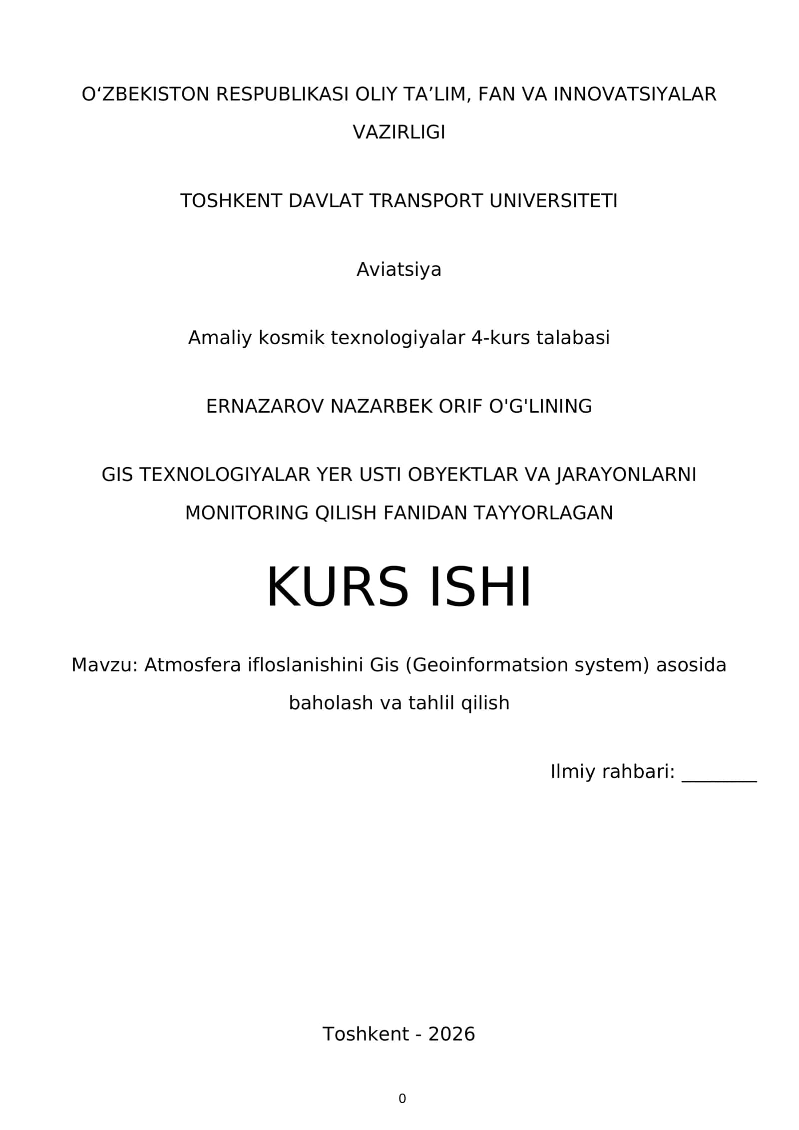 Atmosfera ifloslanishi GIS asosida baholash