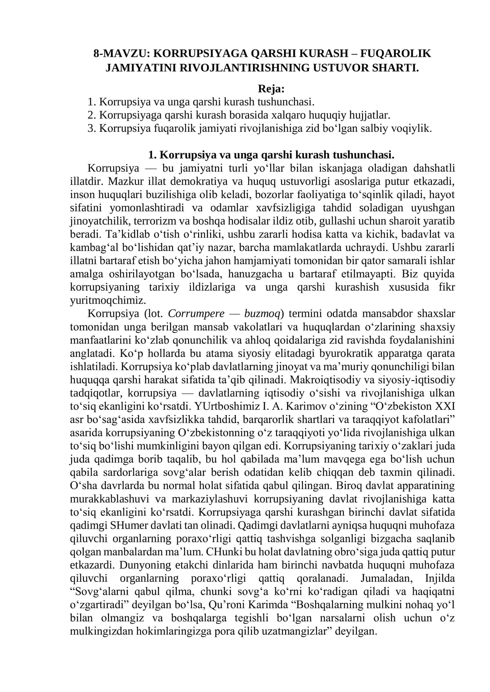 KORRUPSIYAGA QARSHI KURASH – FUQAROLIK JAMIYATINI RIVOJLANTIRISHNING USTUVOR SHARTI