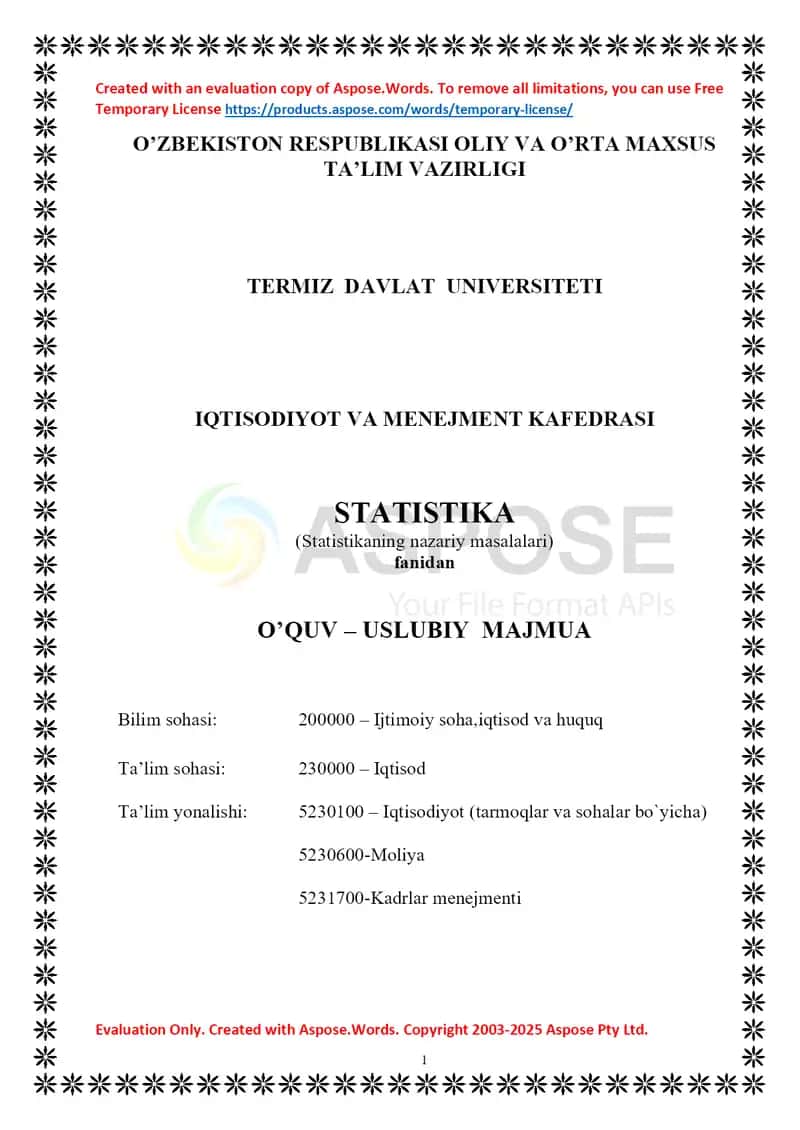Statistika (Statistikaning nazariy masalalari) o‘quv-uslubiy majmua