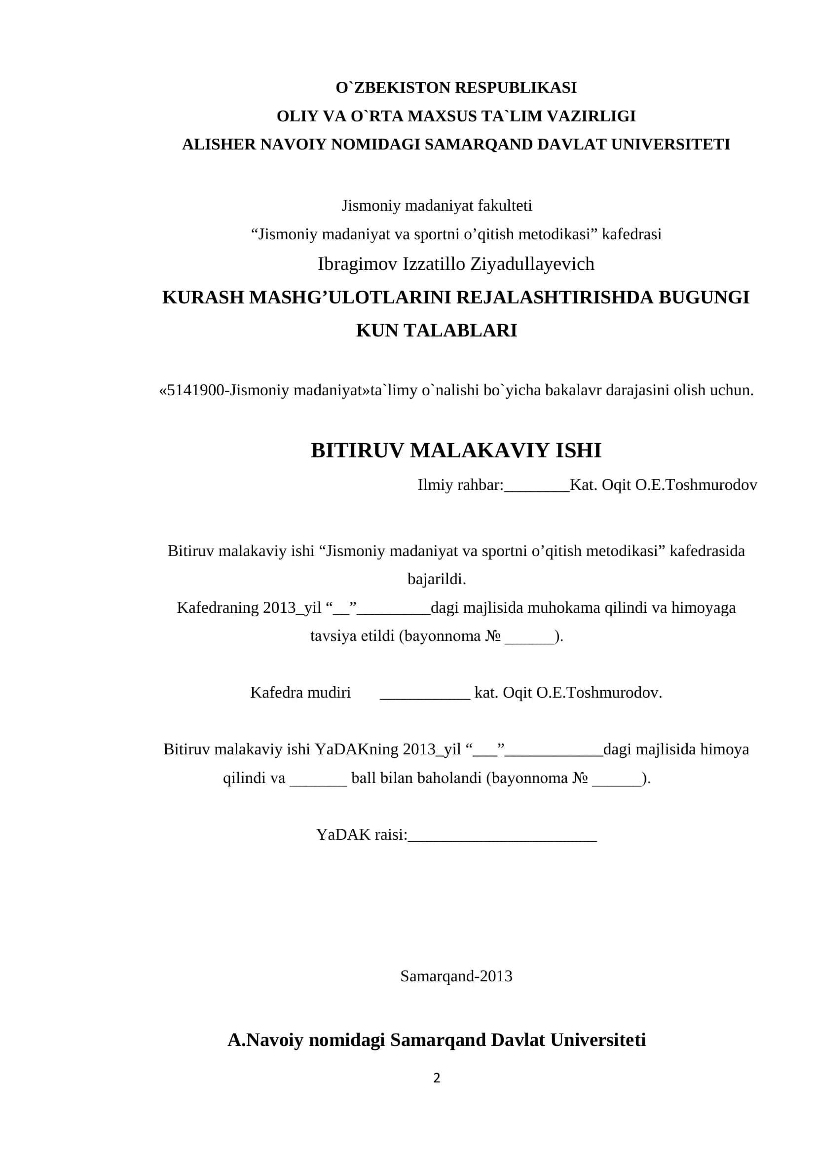 Jismoniy madaniyat va sportni o’qitish metodikasi kafedrasi