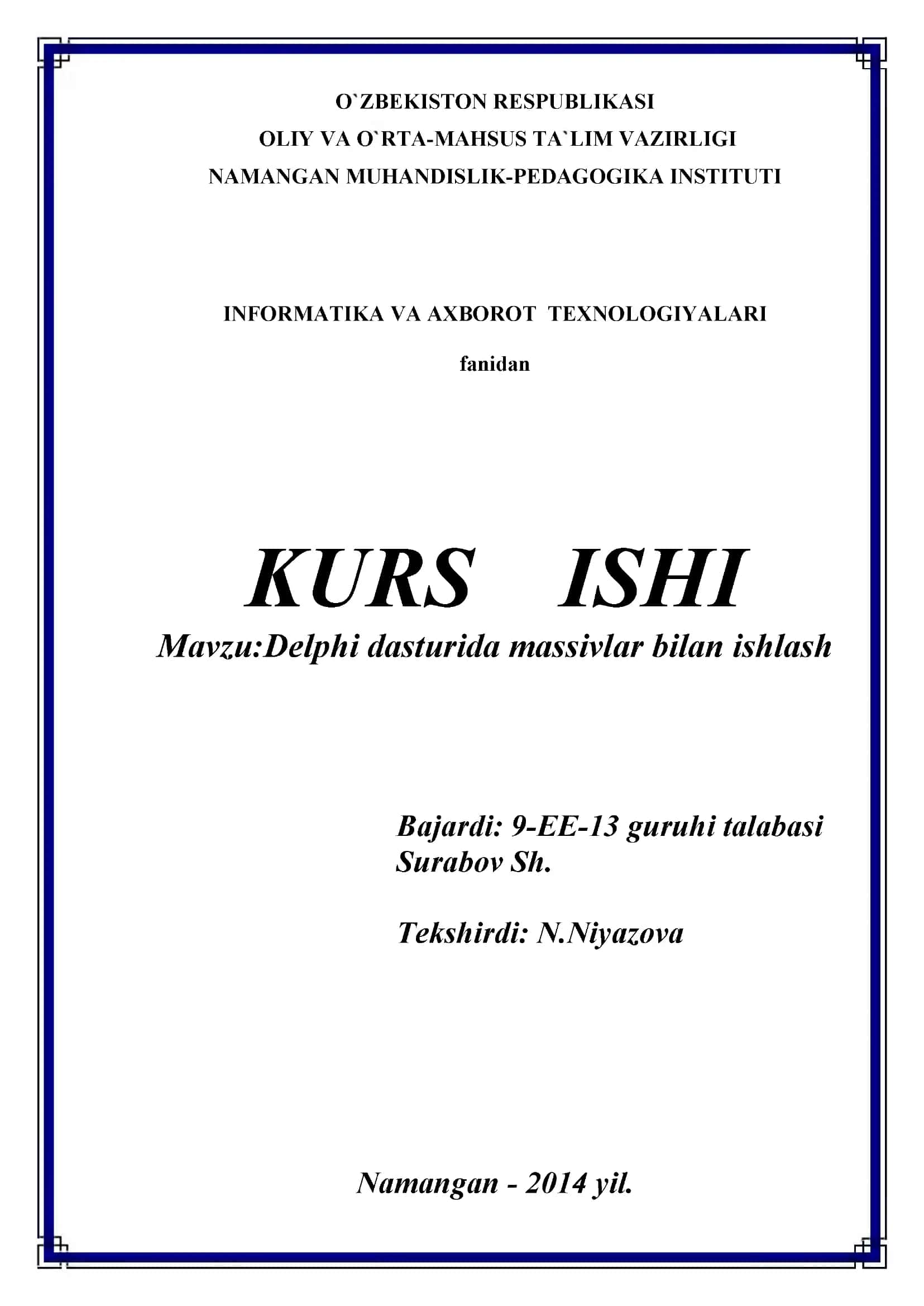 Delphi dasturida massivlar bilan ishlash
