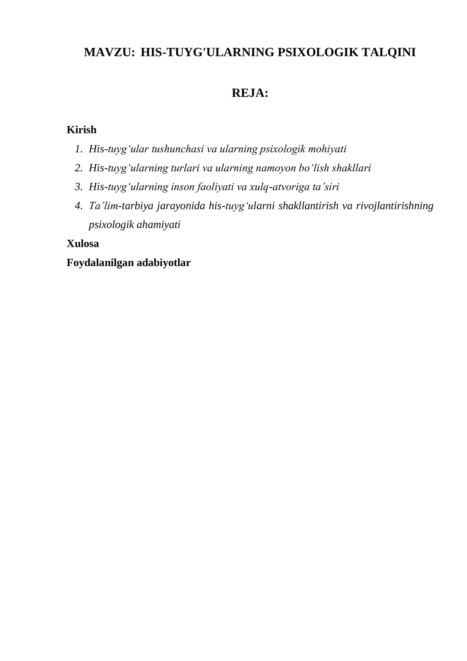 HIS-TUYG'ULARNING PSIXOLOGIK TALQINI