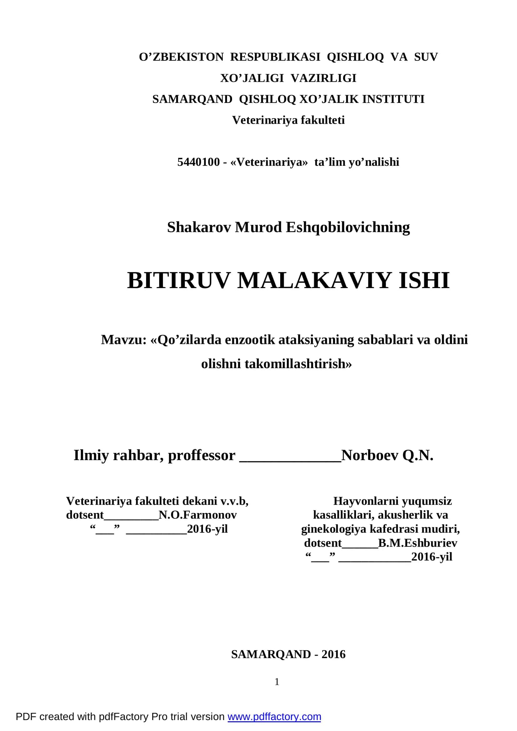 Qo’zilarda enzootik ataksiyaning sabablari va oldini olishni takomillashtirish
