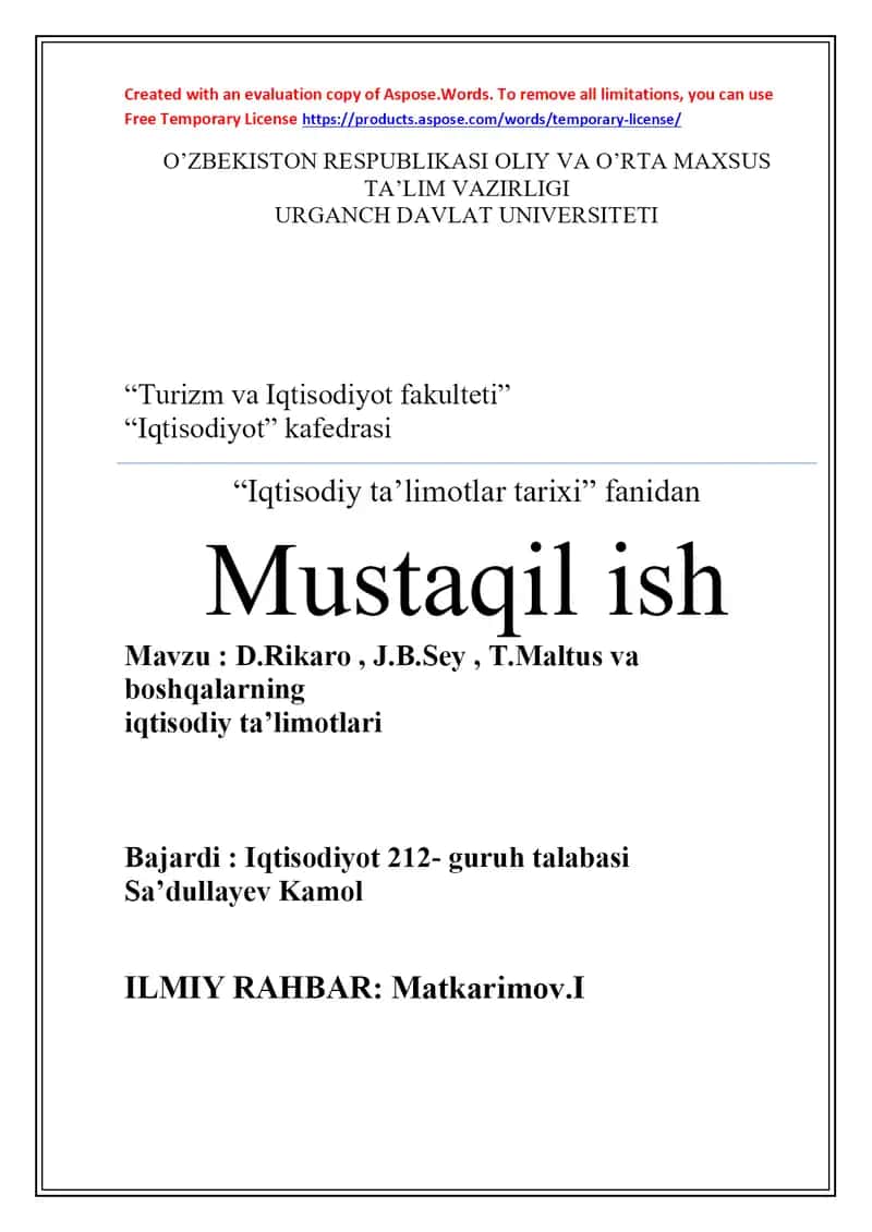 D.Rikaro , J.B.Sey , T.Maltus va boshqalarning iqtisodiy ta’limotlari