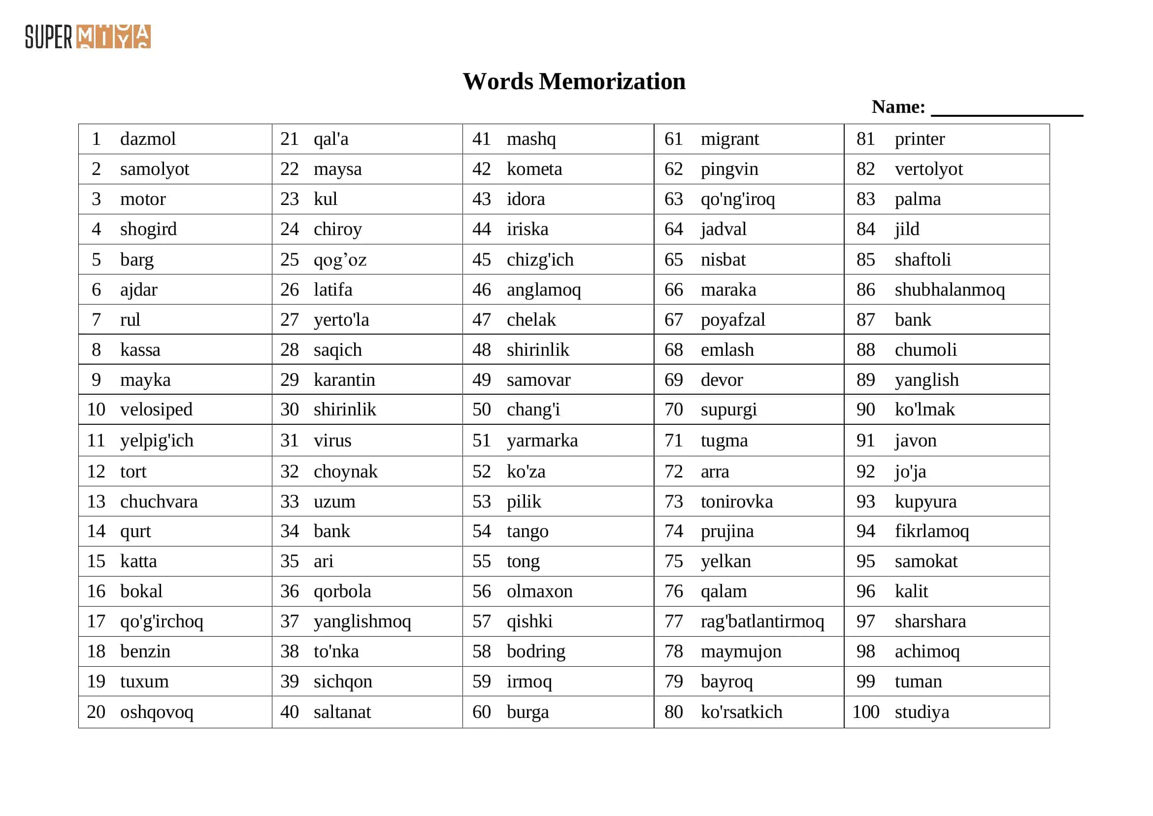 5 daqiqalik so'zlar (o'zbek) / Words Memorization