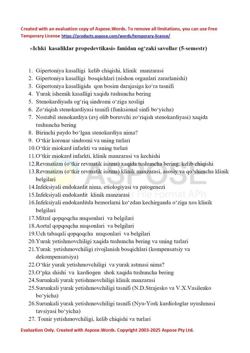 Ichki kasaliklar propedevtikasi fanidan og‘zaki savollar (5-semestr)