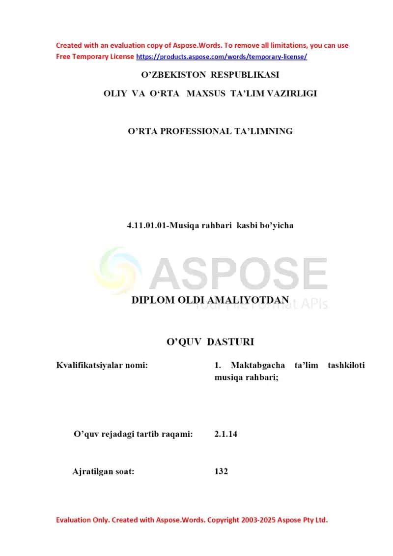 O’quv dasturi – Musiqa rahbari kasbi bo‘yicha diplom oldi amaliyot