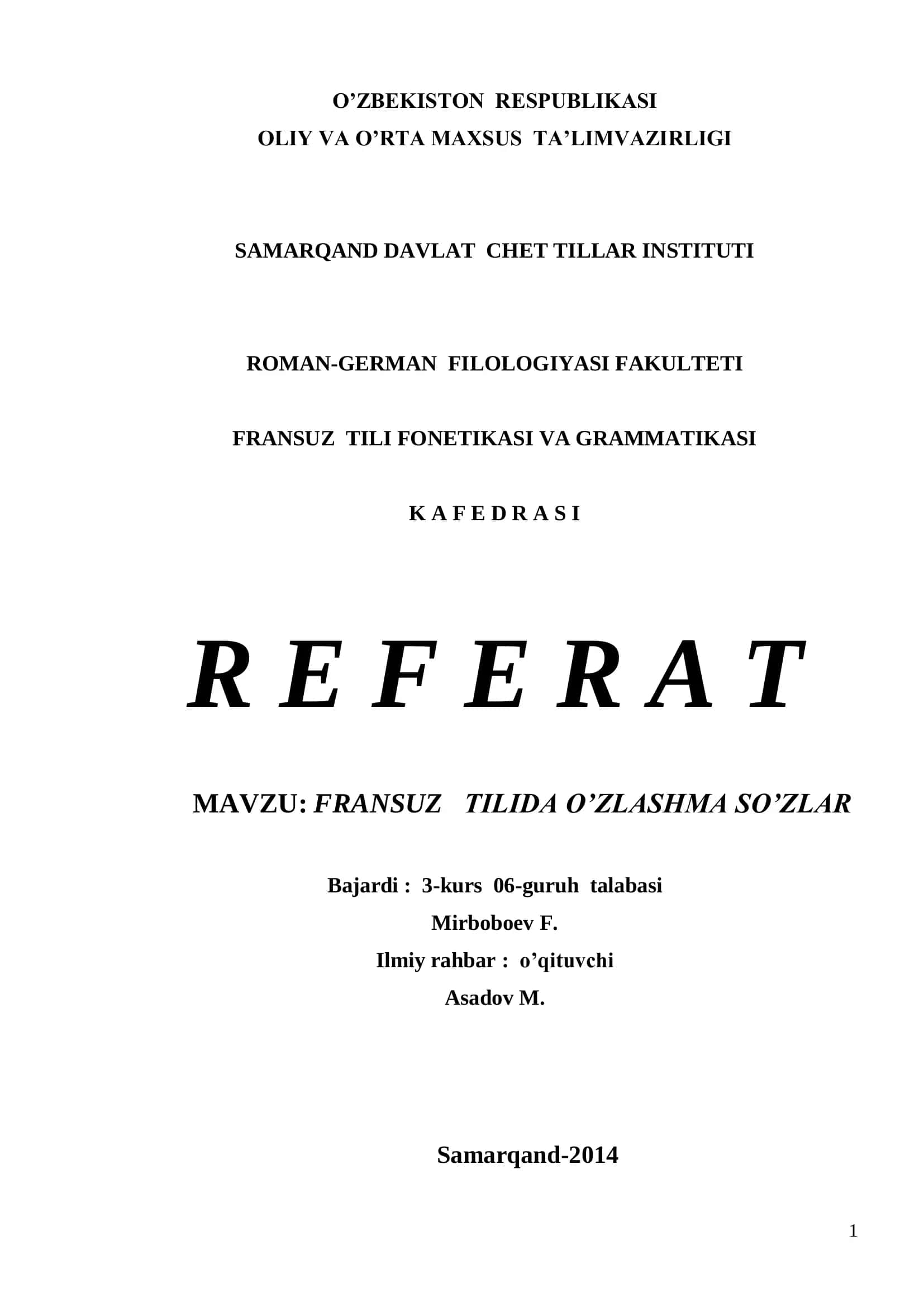 FRANSUZ TILIDA O’ZLASHMA SO’ZLAR