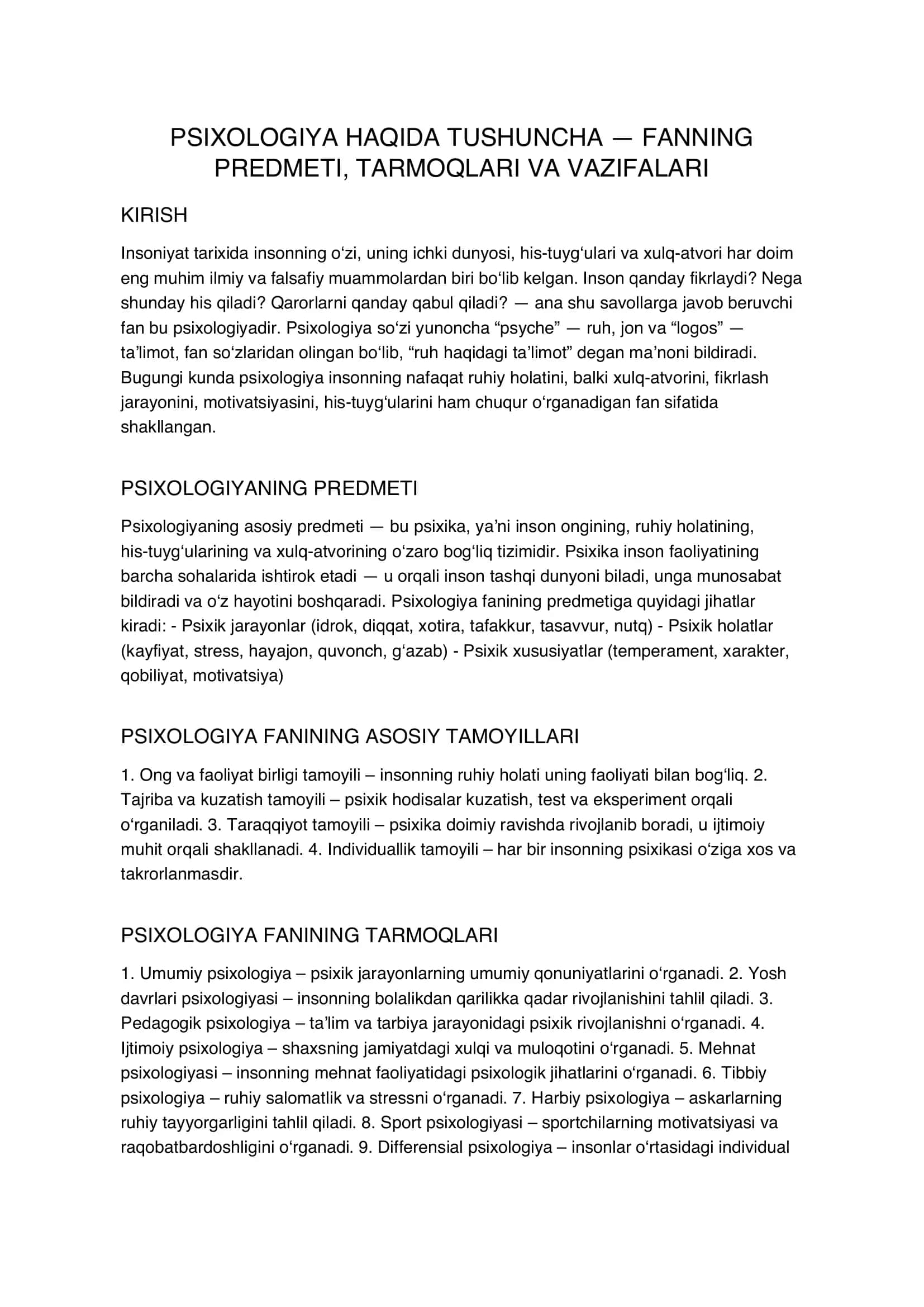 Psixologiya haqida tushuncha fanning predmeti tarmoqlari vazifalari