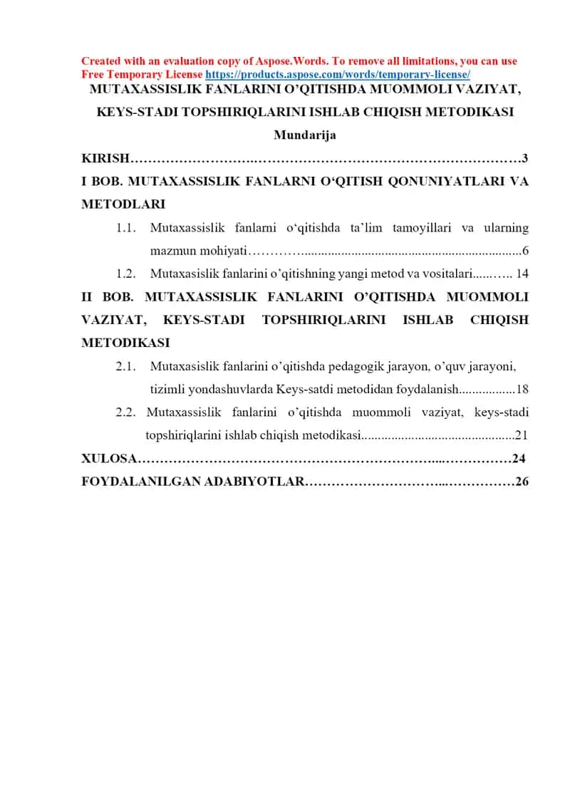Mutaxassislik fanlarini o‘qitishda muommoli vaziyat, keys-stadi topshiriqlarini ishlab chiqish metodikasi