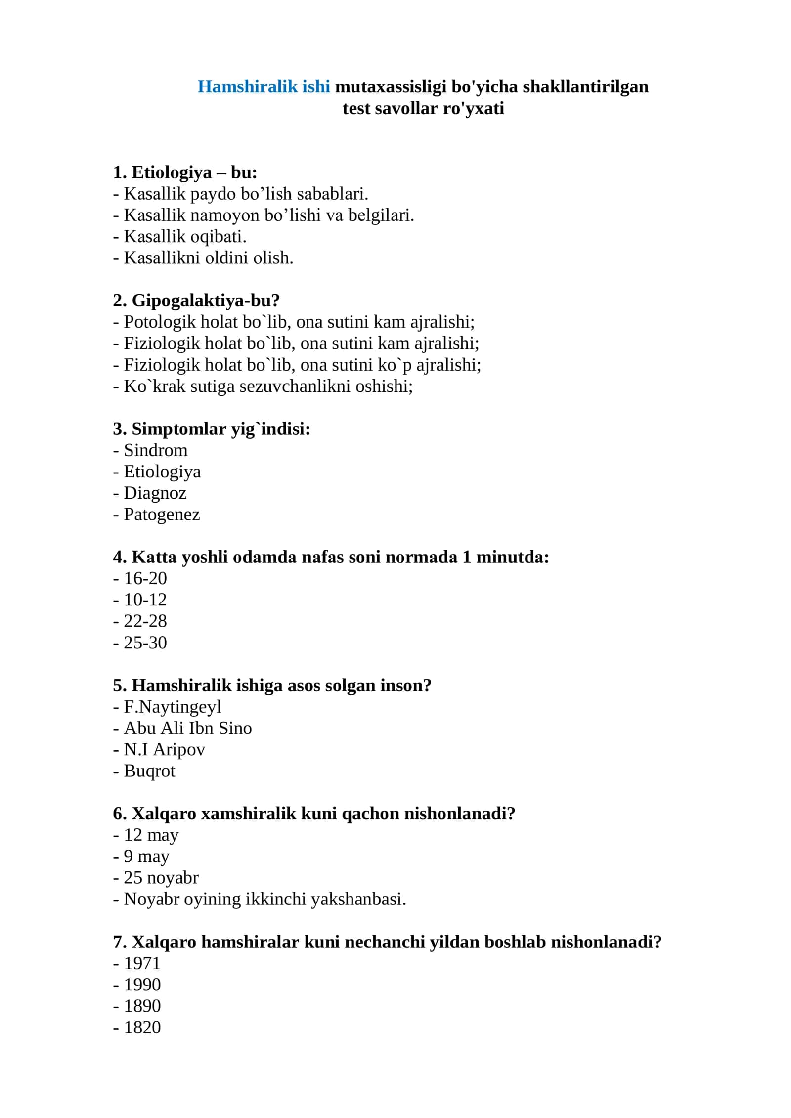Xalqaro Hamshiralik Ishi Test Savollari Ro'yxati