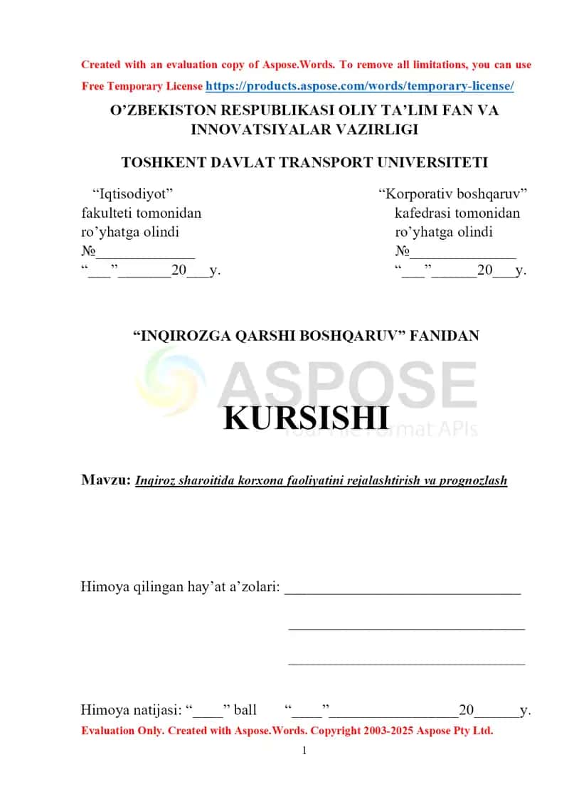 Inqiroz sharoitida korxona faoliyatini rejalashtirish va prognozlash