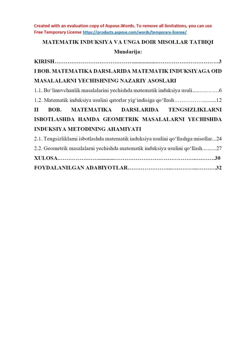 Matematik Induksiya va unga doir misollar tatbiqi