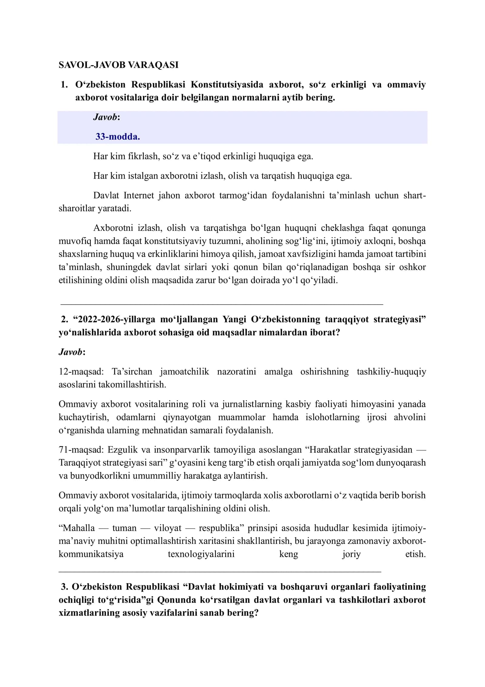 YOSHLAR ISHLARI AGENTLIGI AXBOROT XIZMATI 2026 SUHBAT SAVOL-JAVOB VARAQASI