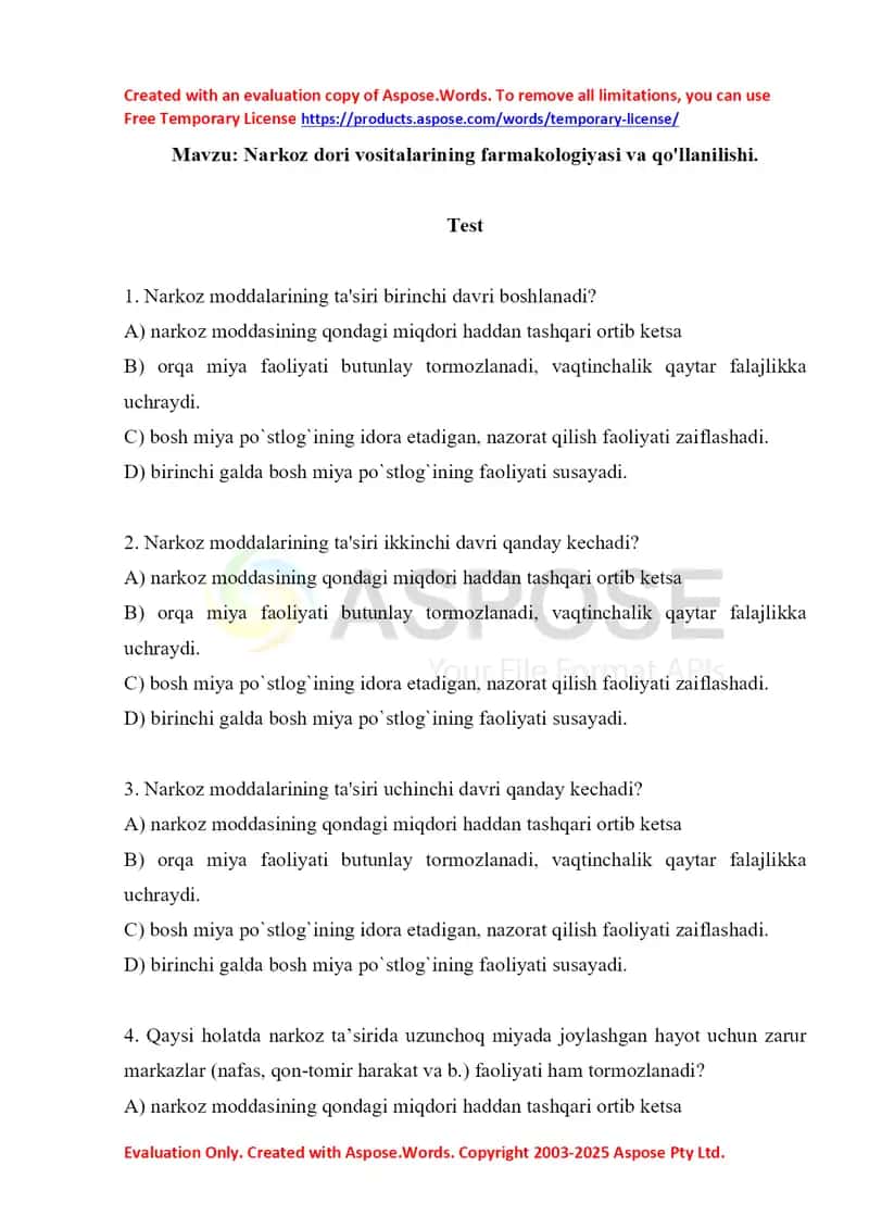 Narkoz dori vositalarining farmakologiyasi va qo'llanilishi. Test 10 ta.
