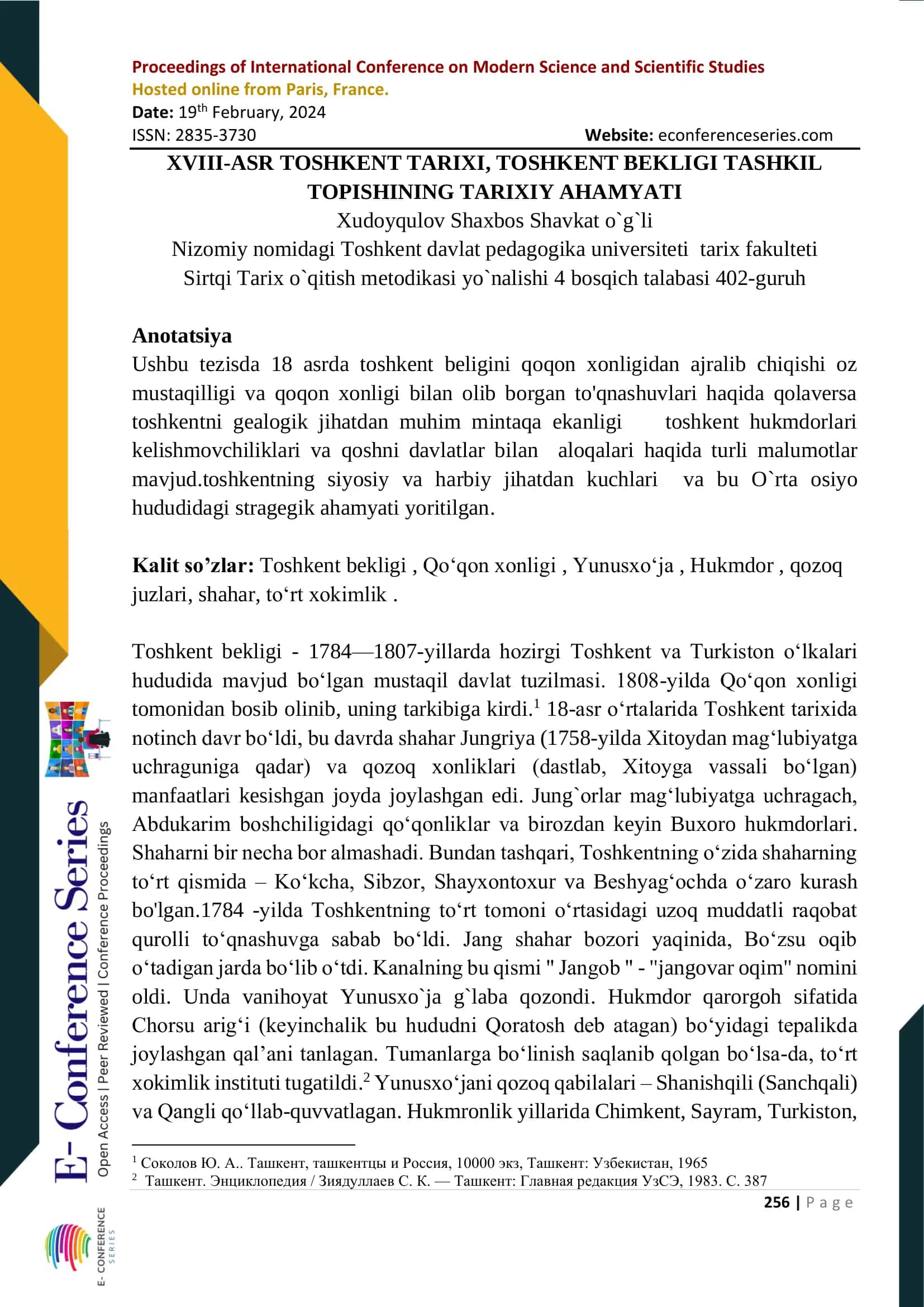 XVIII-ASR TOSHKENT TARIXI