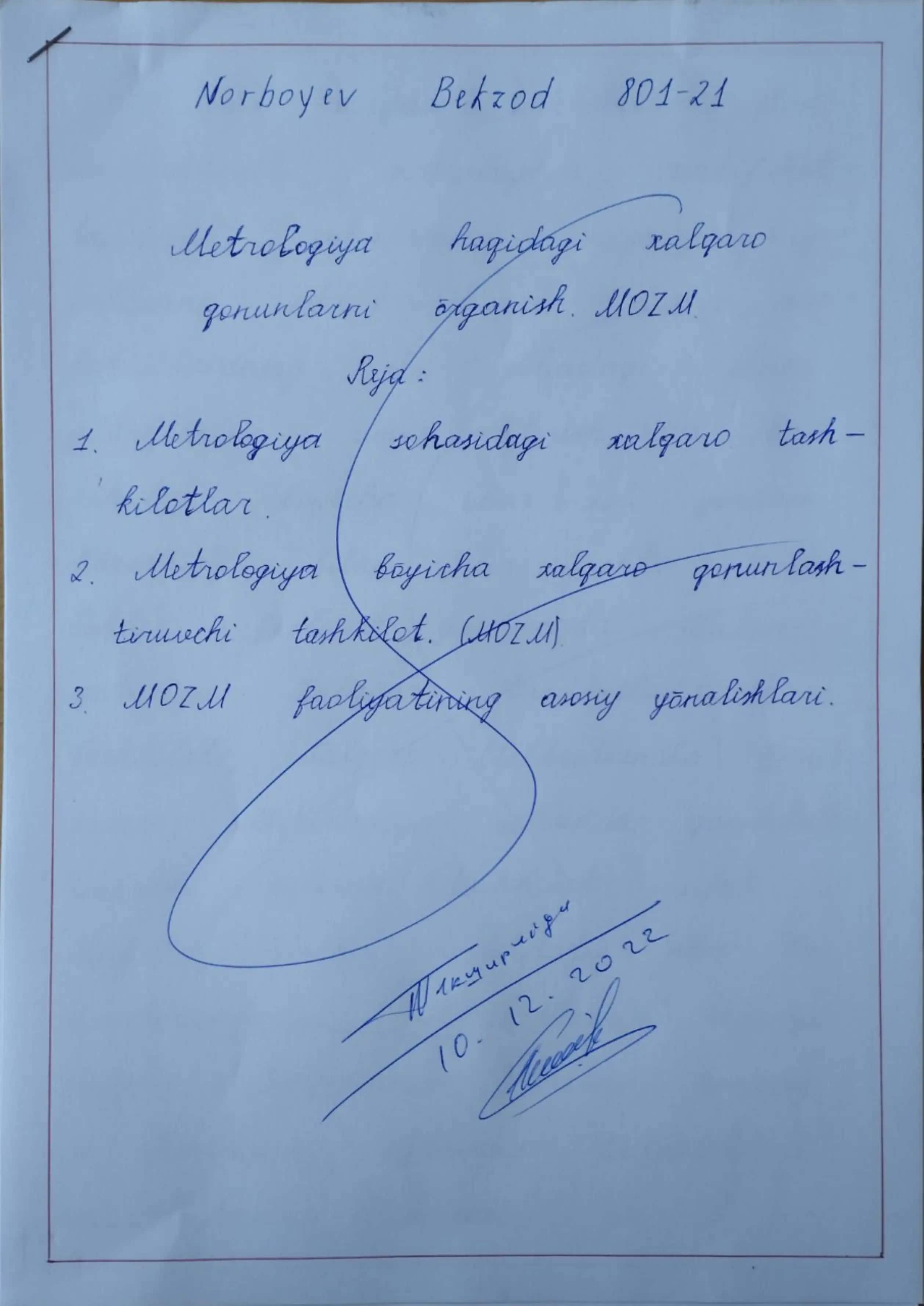 Metrologiya haqidagi xalqaro qonunlarni o'rganish. MOZM